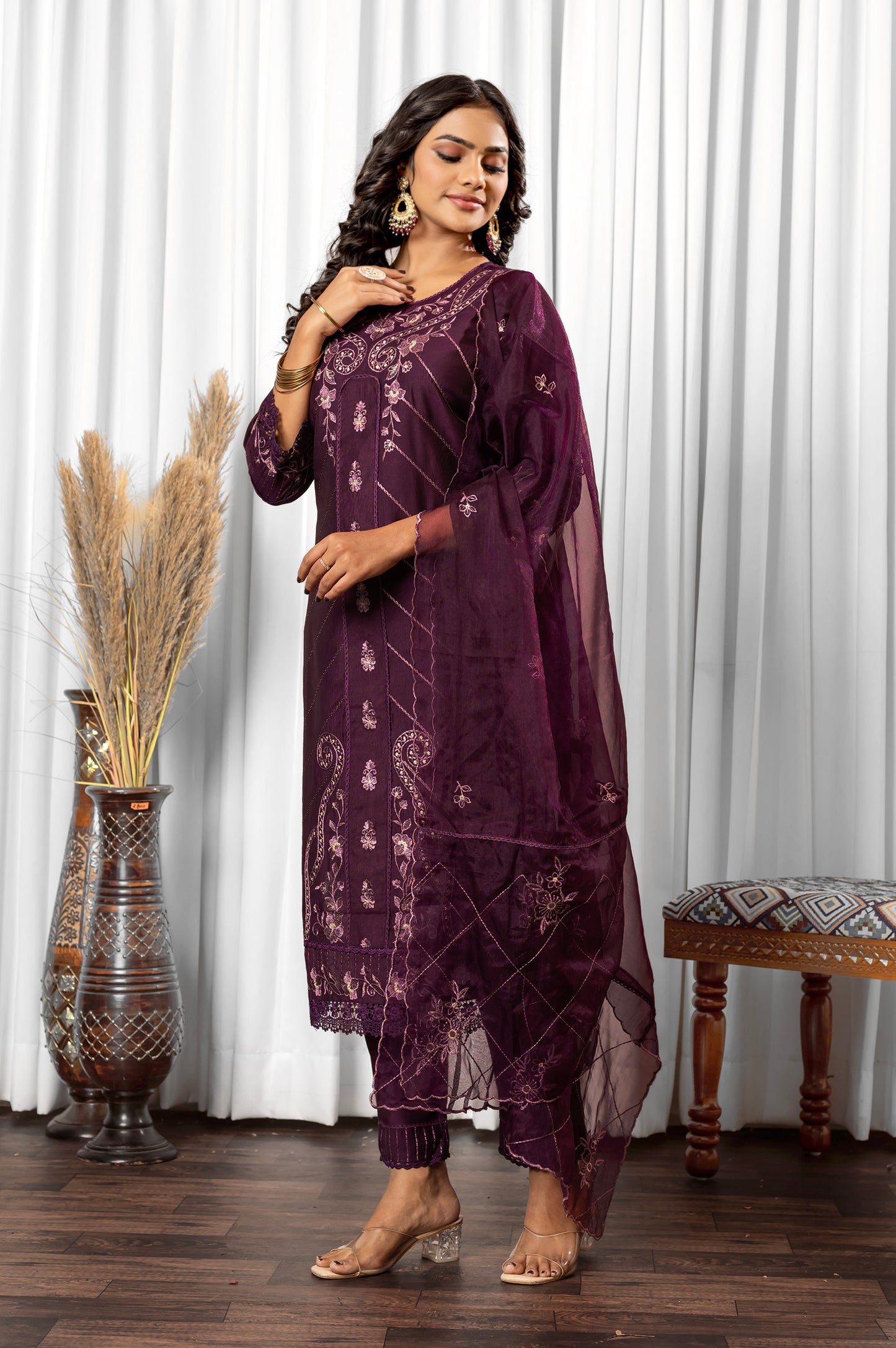 Wine Silk Blend Embroidered Cotton inner Kurta Set with Dupatta