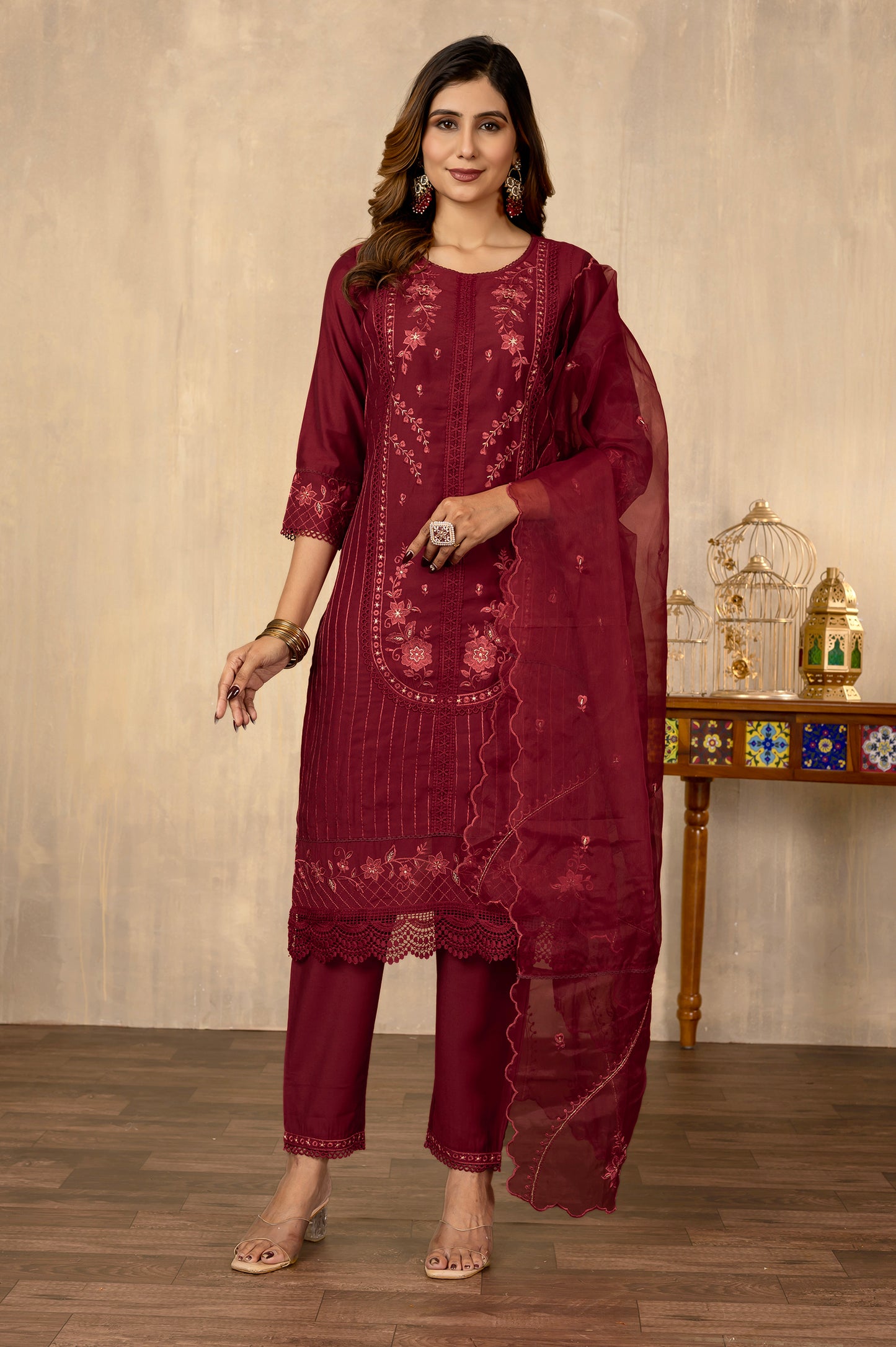 Maroon Silk Blend Embroidered Cotton inner Kurta Set with Dupatta