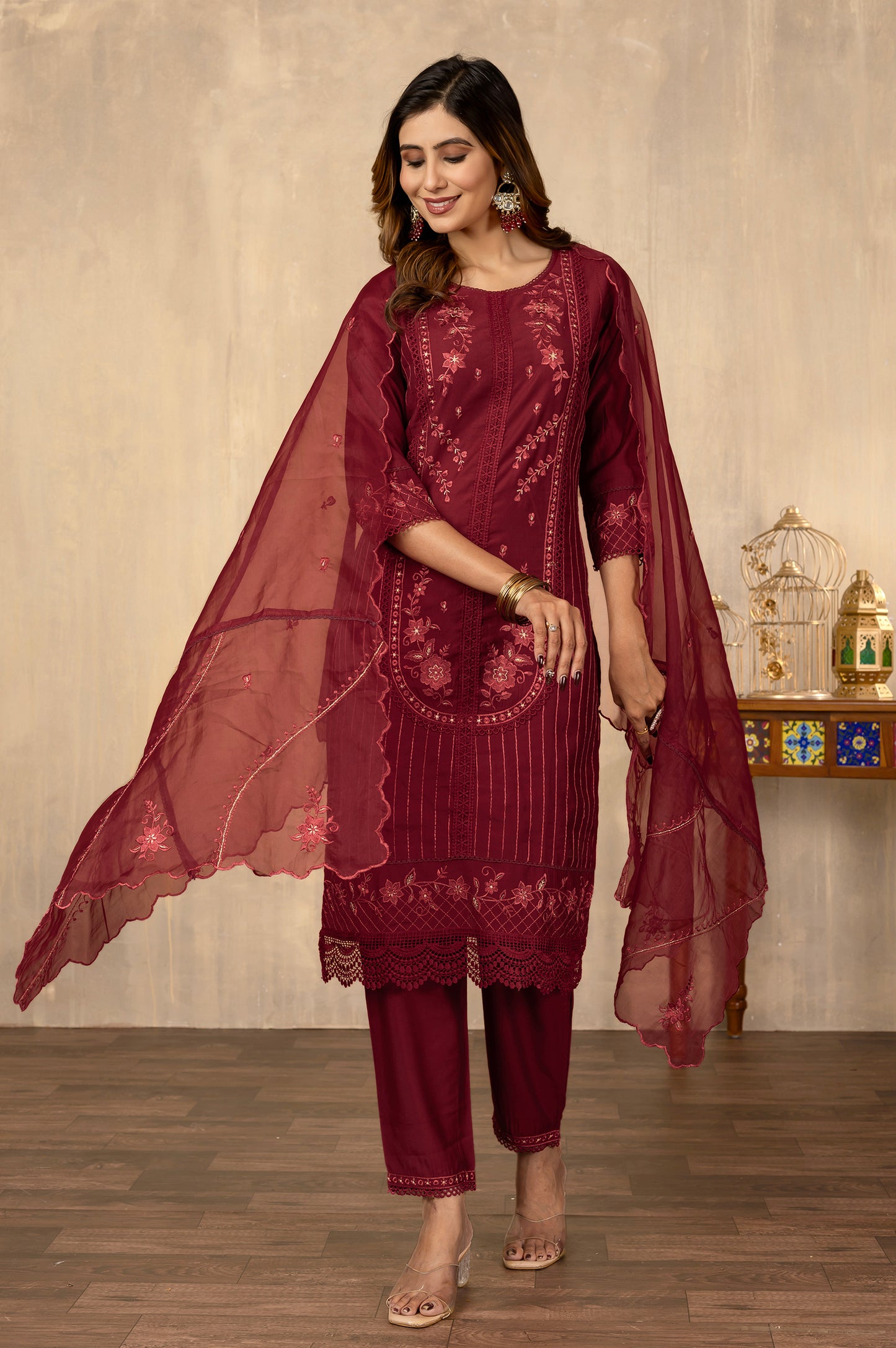 Maroon Silk Blend Embroidered Cotton inner Kurta Set with Dupatta