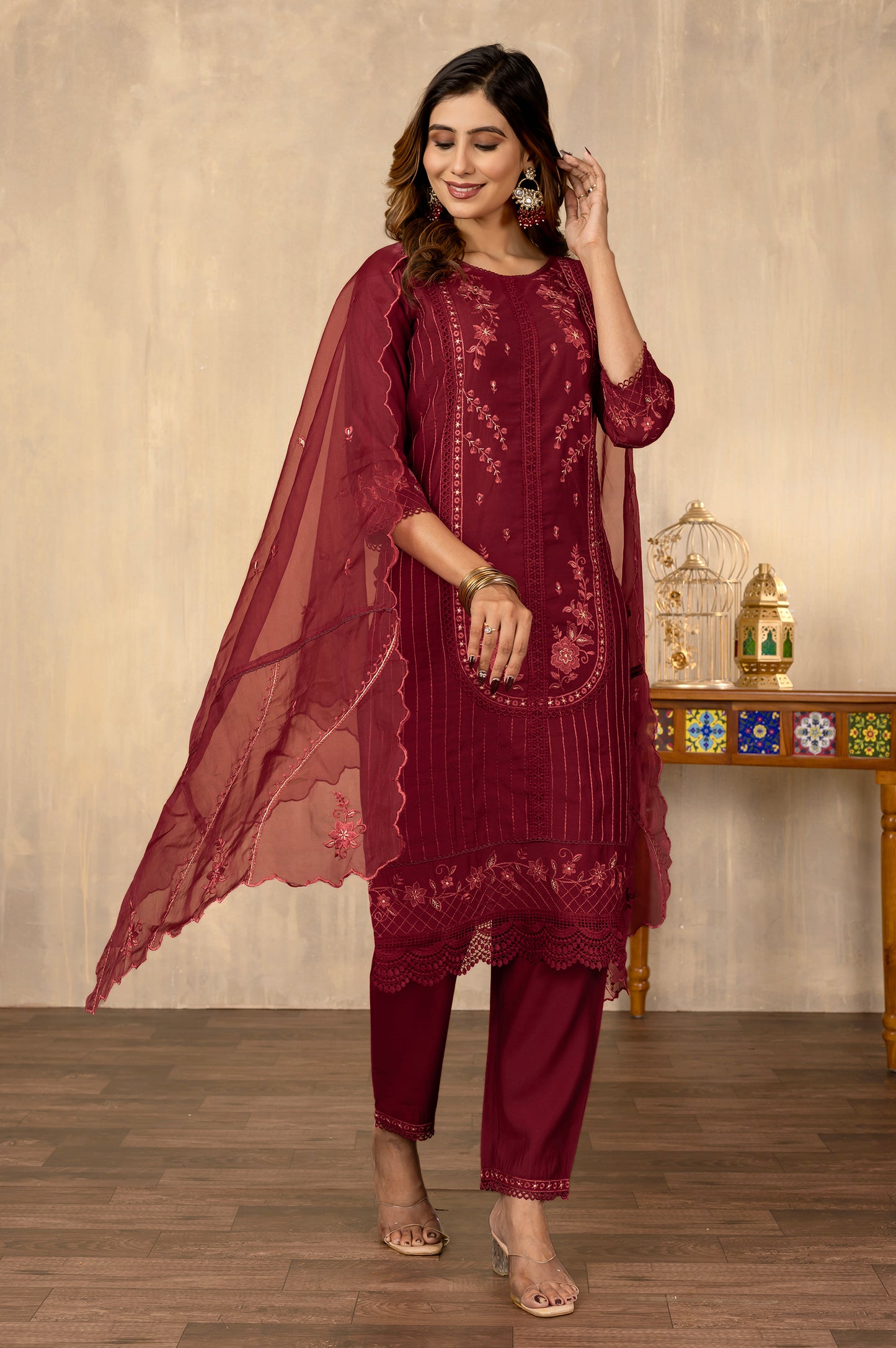 Maroon Silk Blend Embroidered Cotton inner Kurta Set with Dupatta