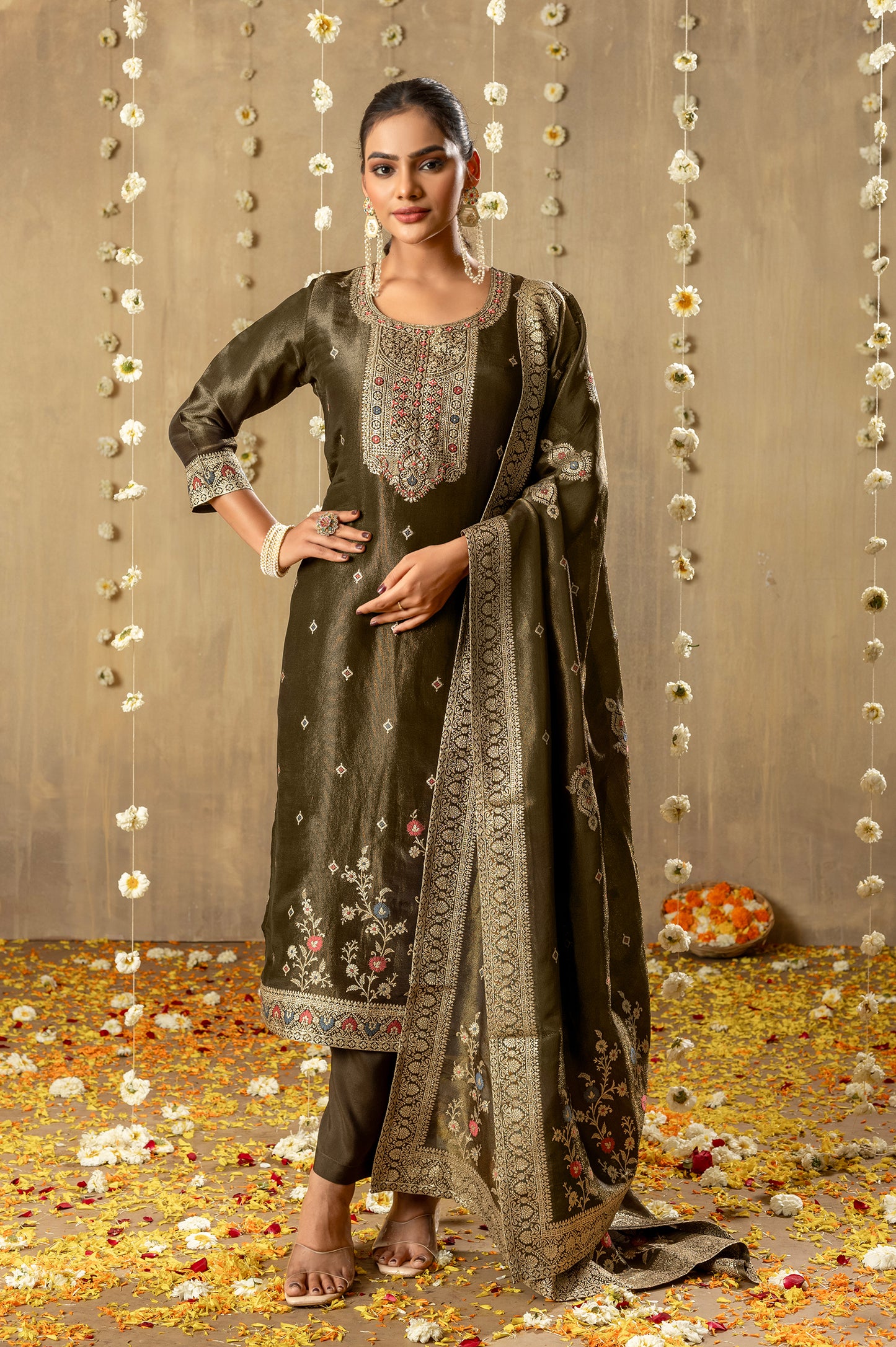 Green Viscose Simmer Jacquard with Handwork Kurta Set with Dupatta