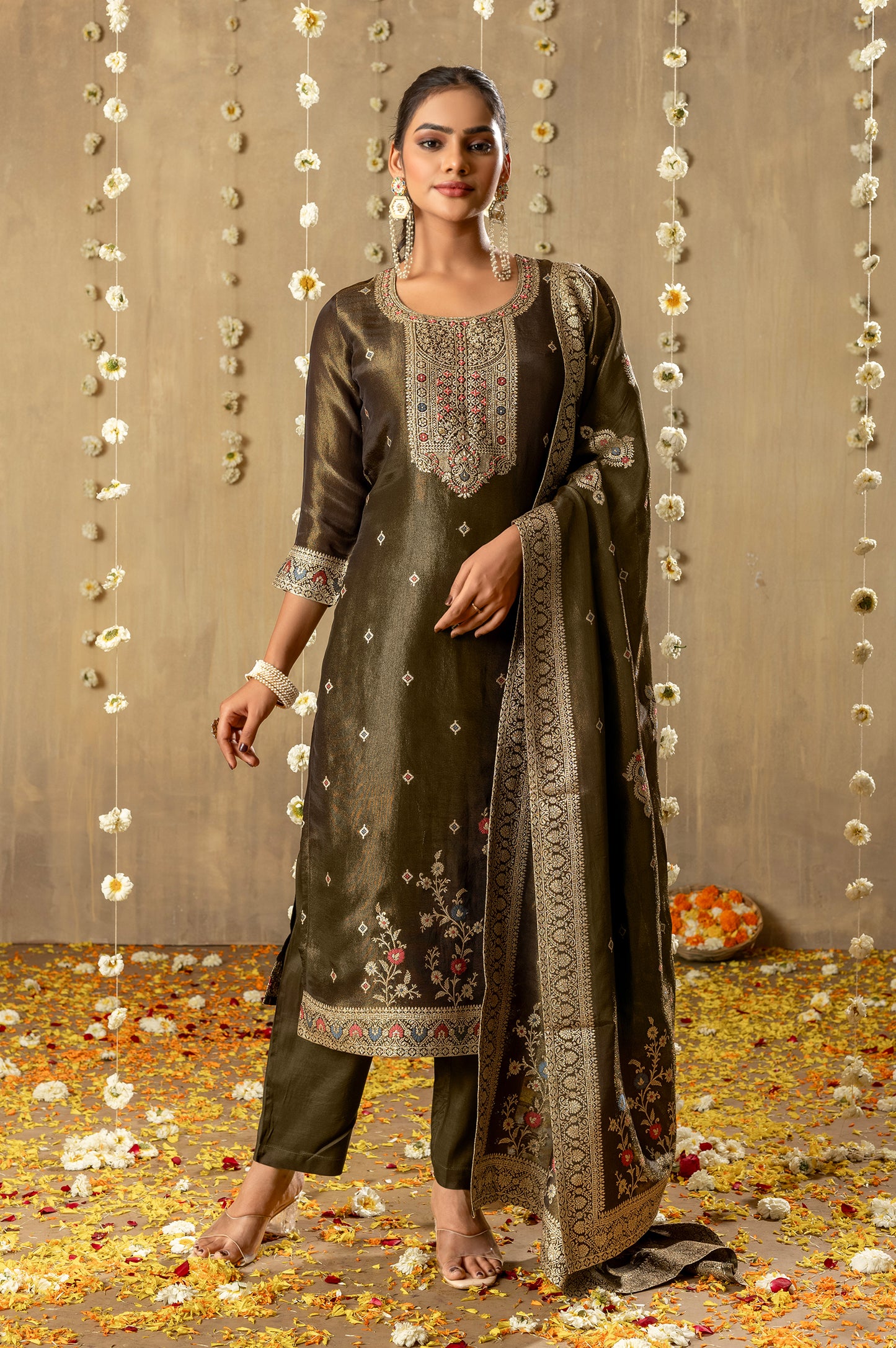 Green Viscose Simmer Jacquard with Handwork Kurta Set with Dupatta
