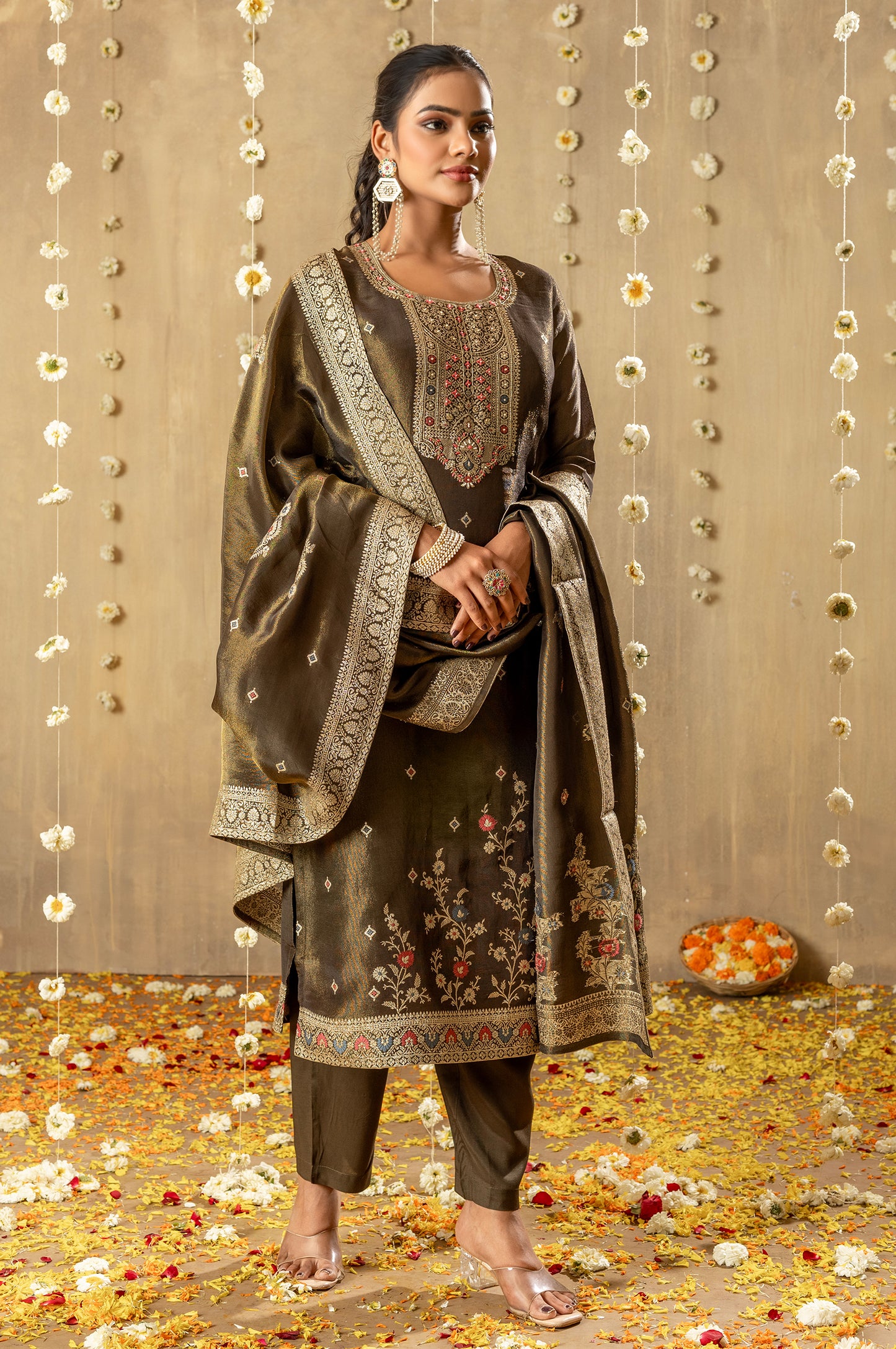 Green Viscose Simmer Jacquard with Handwork Kurta Set with Dupatta