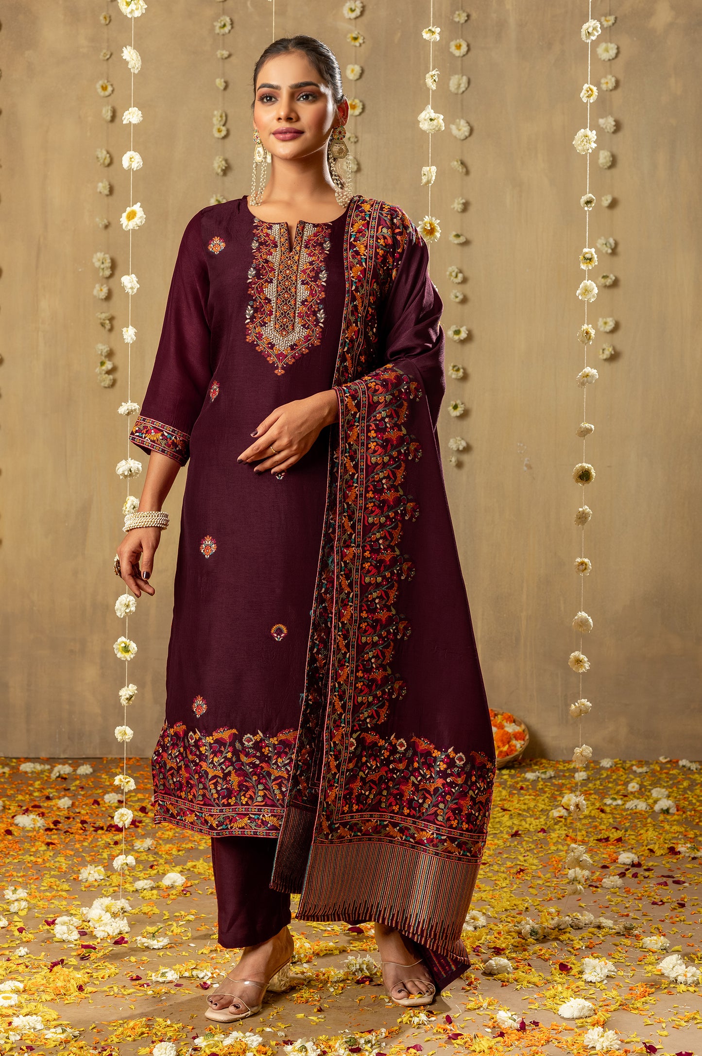 Wine Russian Slik Jacquard with Handwork Kurta Set with Dupatta