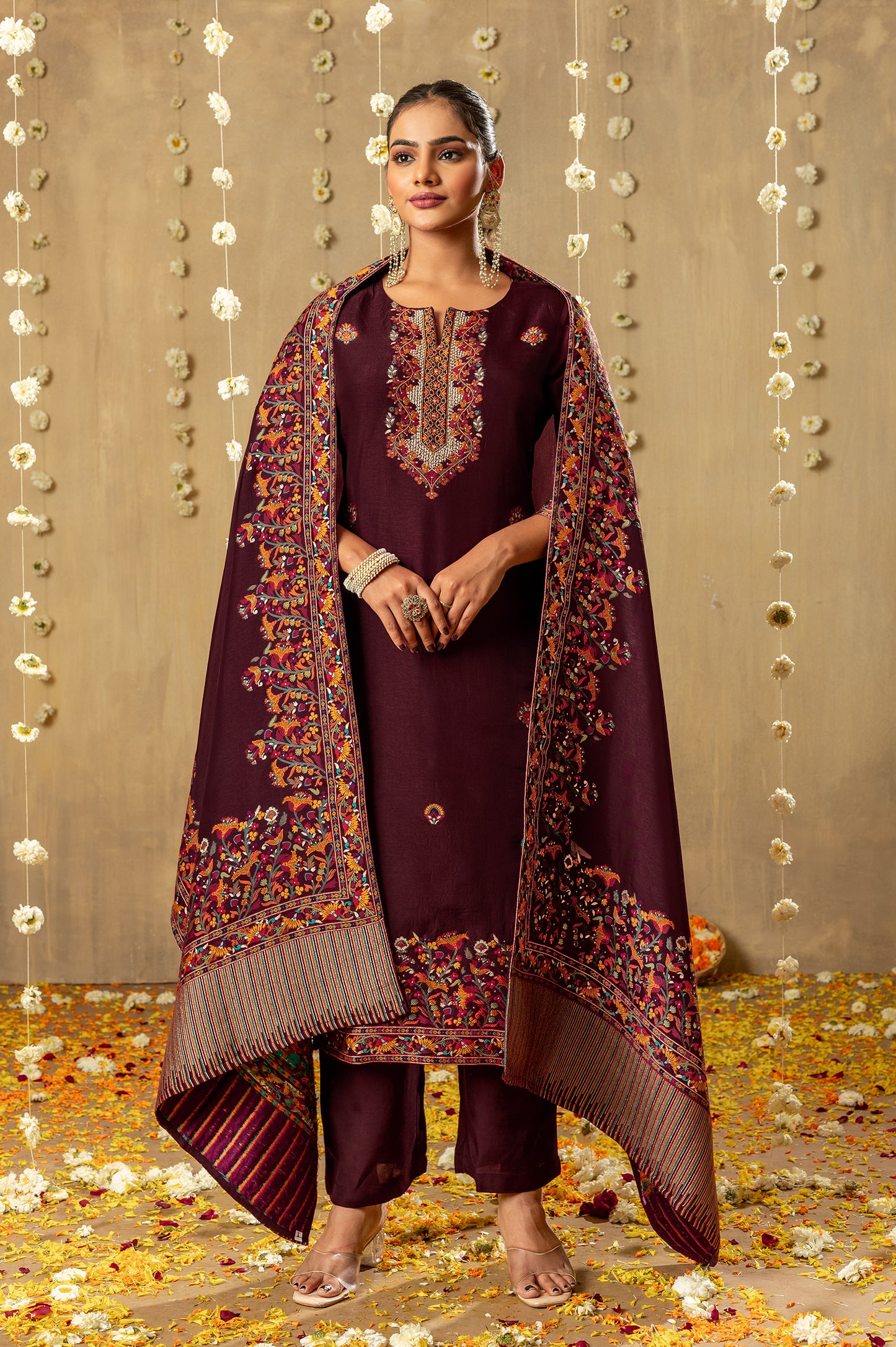 Wine Russian Slik Jacquard with Handwork Kurta Set with Dupatta