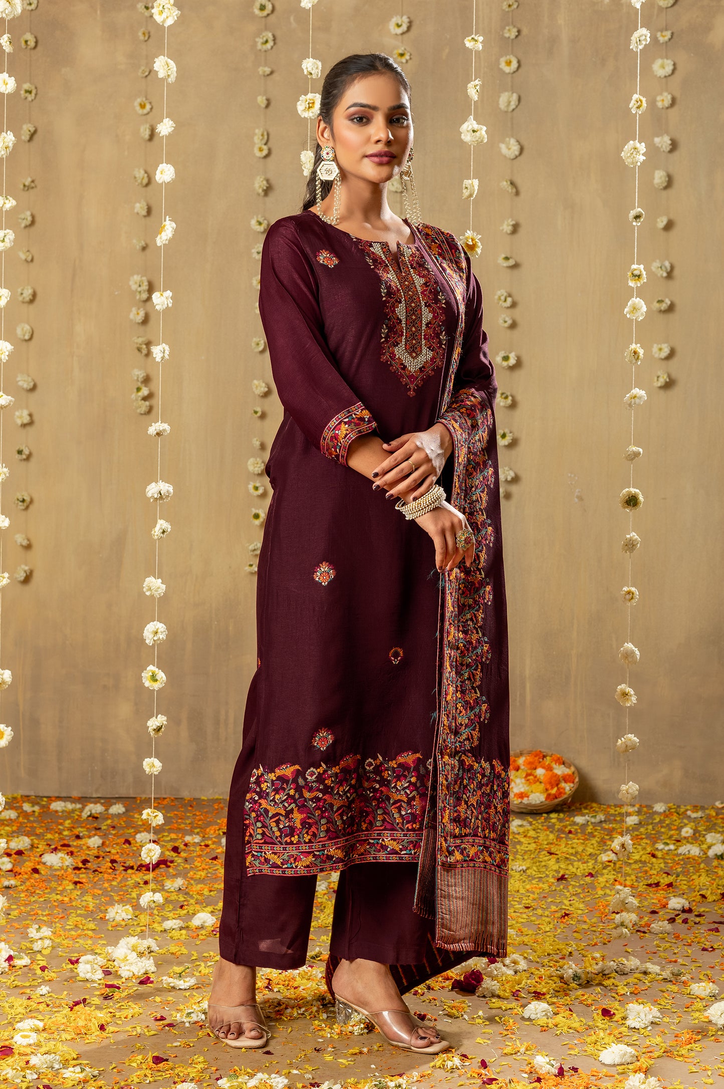 Wine Russian Slik Jacquard with Handwork Kurta Set with Dupatta