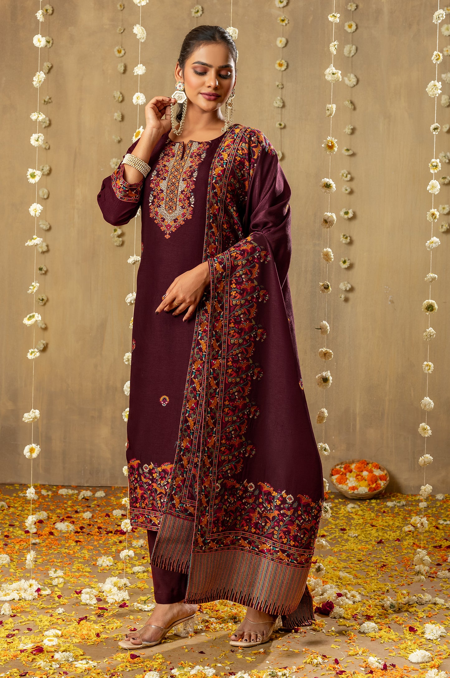 Wine Russian Slik Jacquard with Handwork Kurta Set with Dupatta