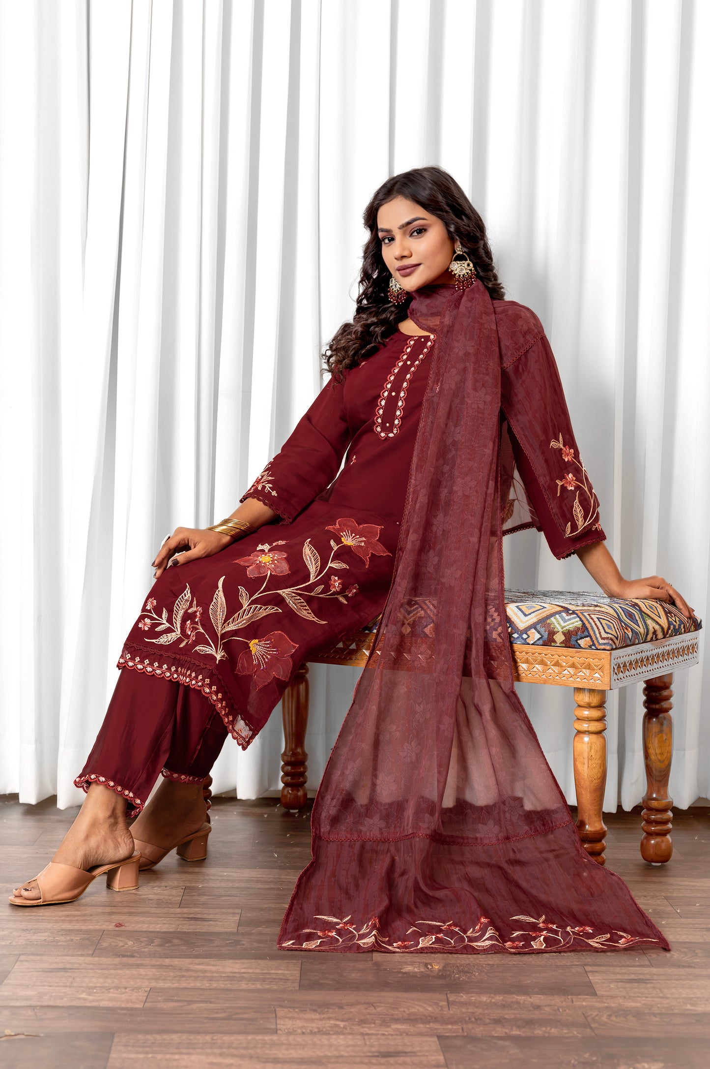 Maroon Roman Silk Embroidered With Hand Work Kurta Set with Dupatta For Women