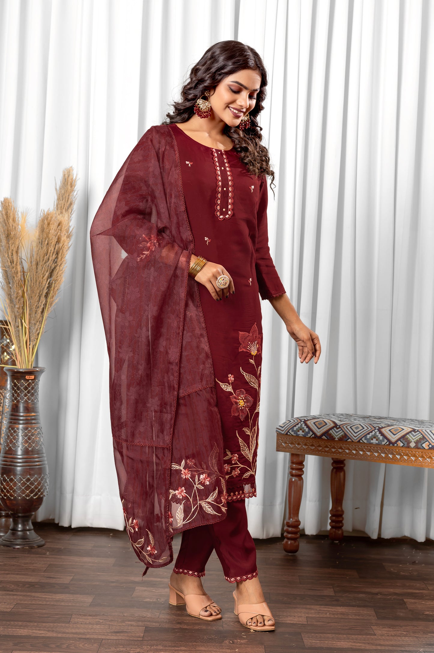 Maroon Roman Silk Embroidered With Hand Work Kurta Set with Dupatta For Women