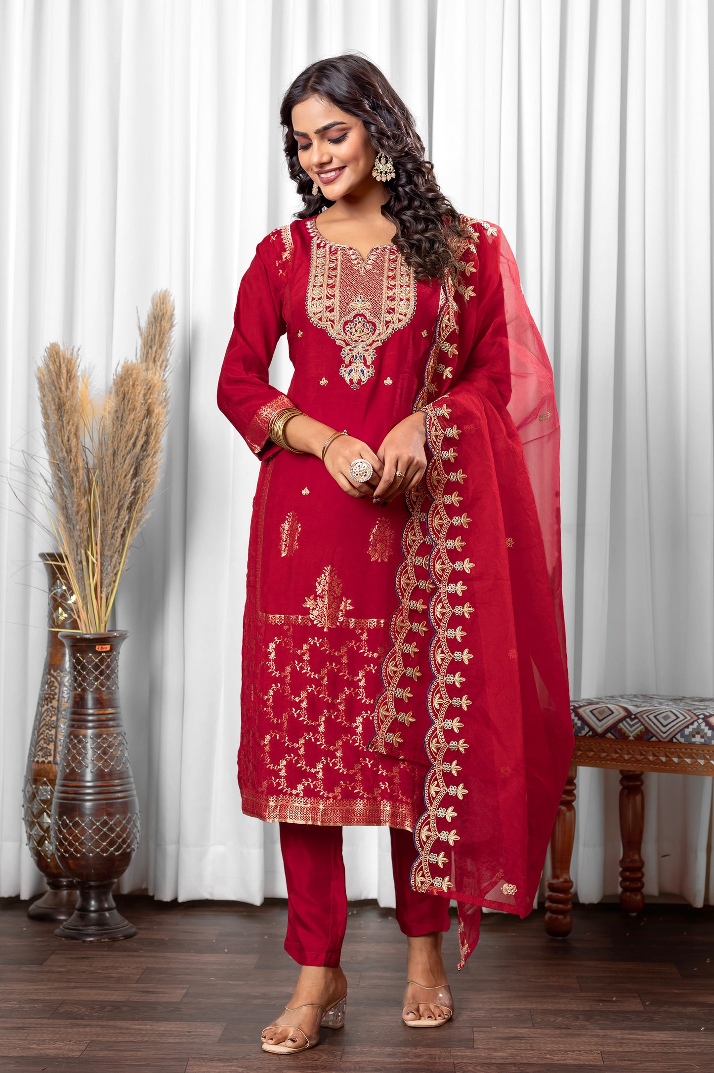 Red Silk Blend Jacquard Embroidered and Handwork Kurta Set with Dupatta