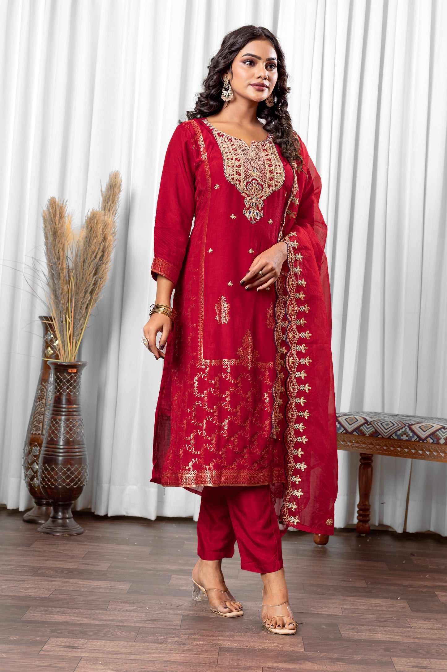 Red Silk Blend Jacquard Embroidered and Handwork Kurta Set with Dupatta