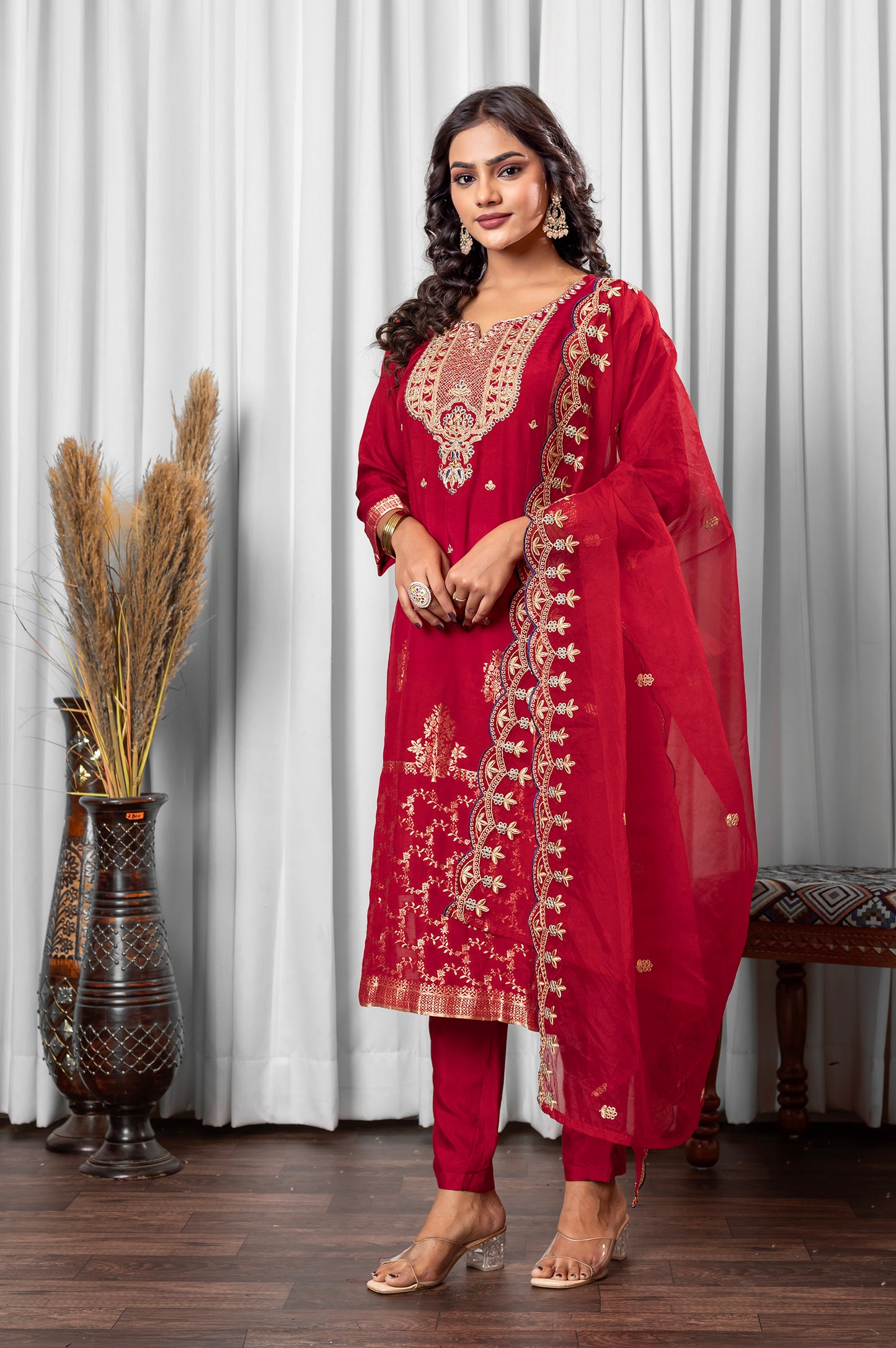 Red Silk Blend Jacquard Embroidered and Handwork Kurta Set with Dupatta