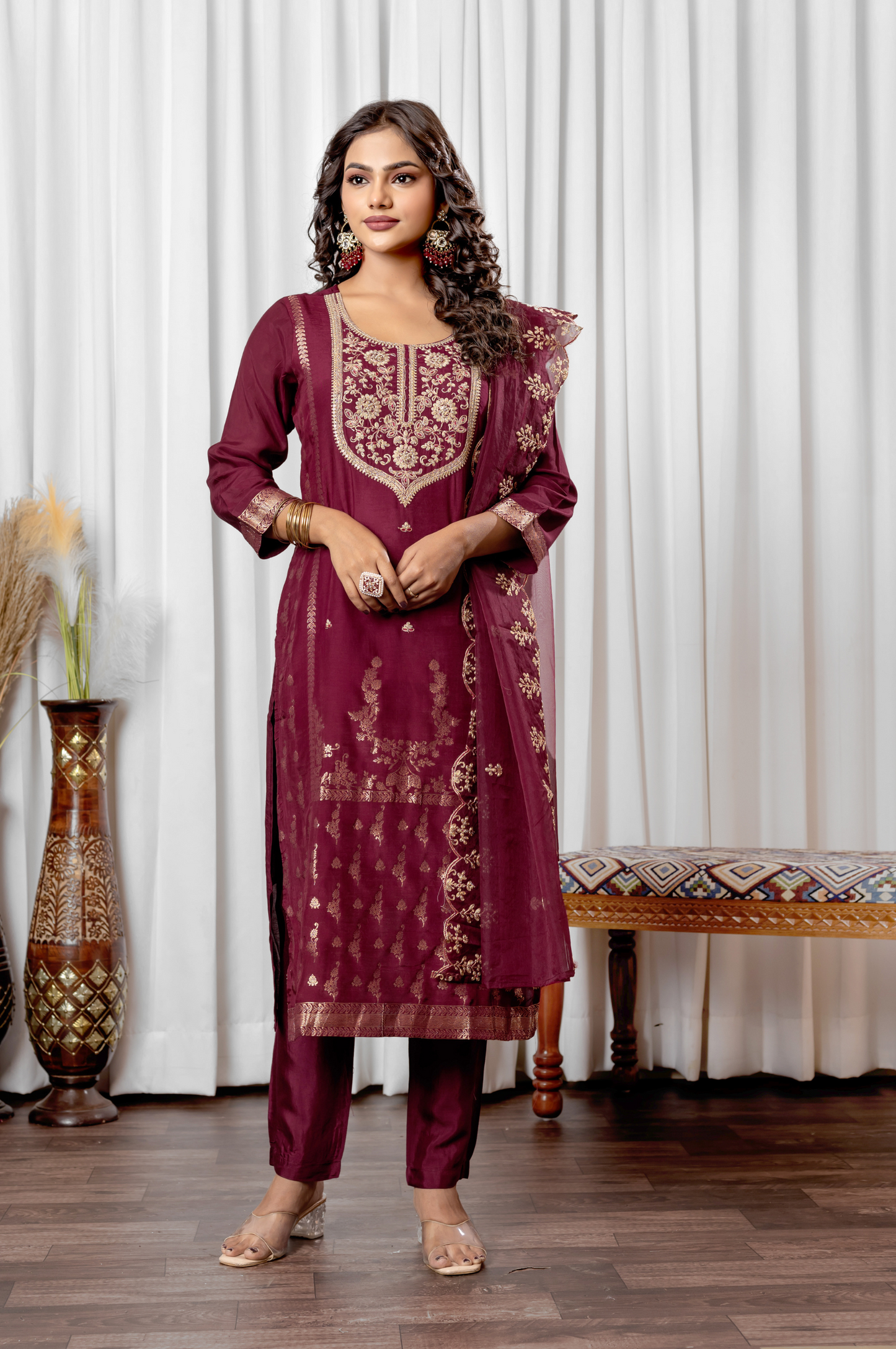 Maroon Silk Blend Jacquard Embroidered and Handwork Kurta Set with Dupatta