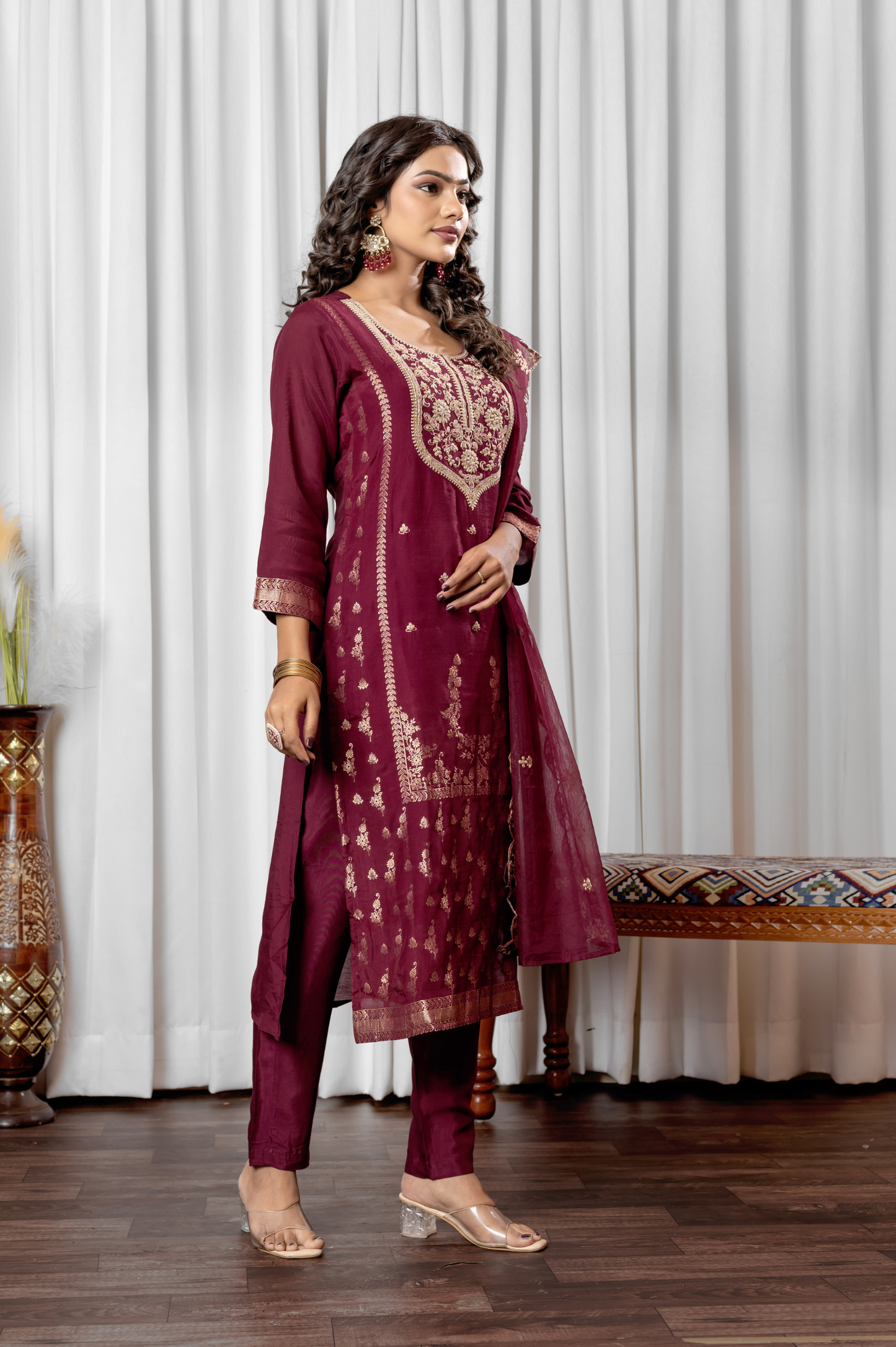 Maroon Silk Blend Jacquard Embroidered and Handwork Kurta Set with Dupatta