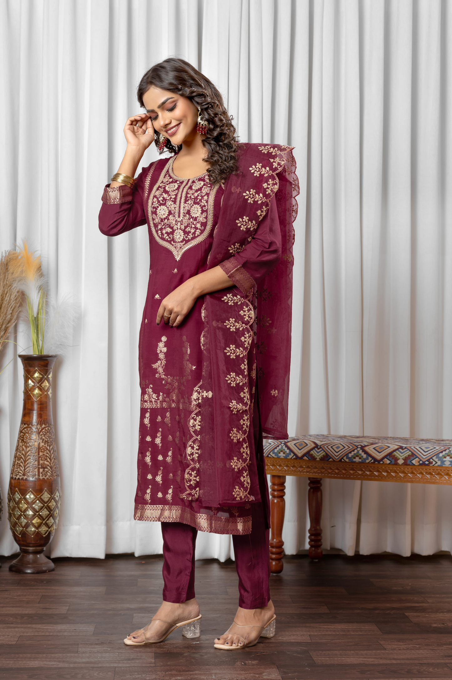 Maroon Silk Blend Jacquard Embroidered and Handwork Kurta Set with Dupatta