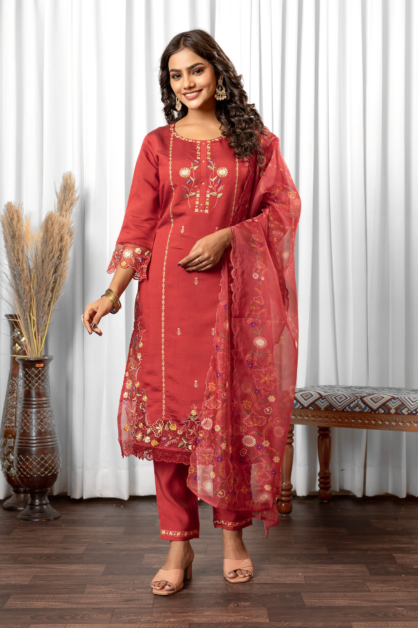 Red Romam Silk Embroidered Kurta Set with Dupatta For Women