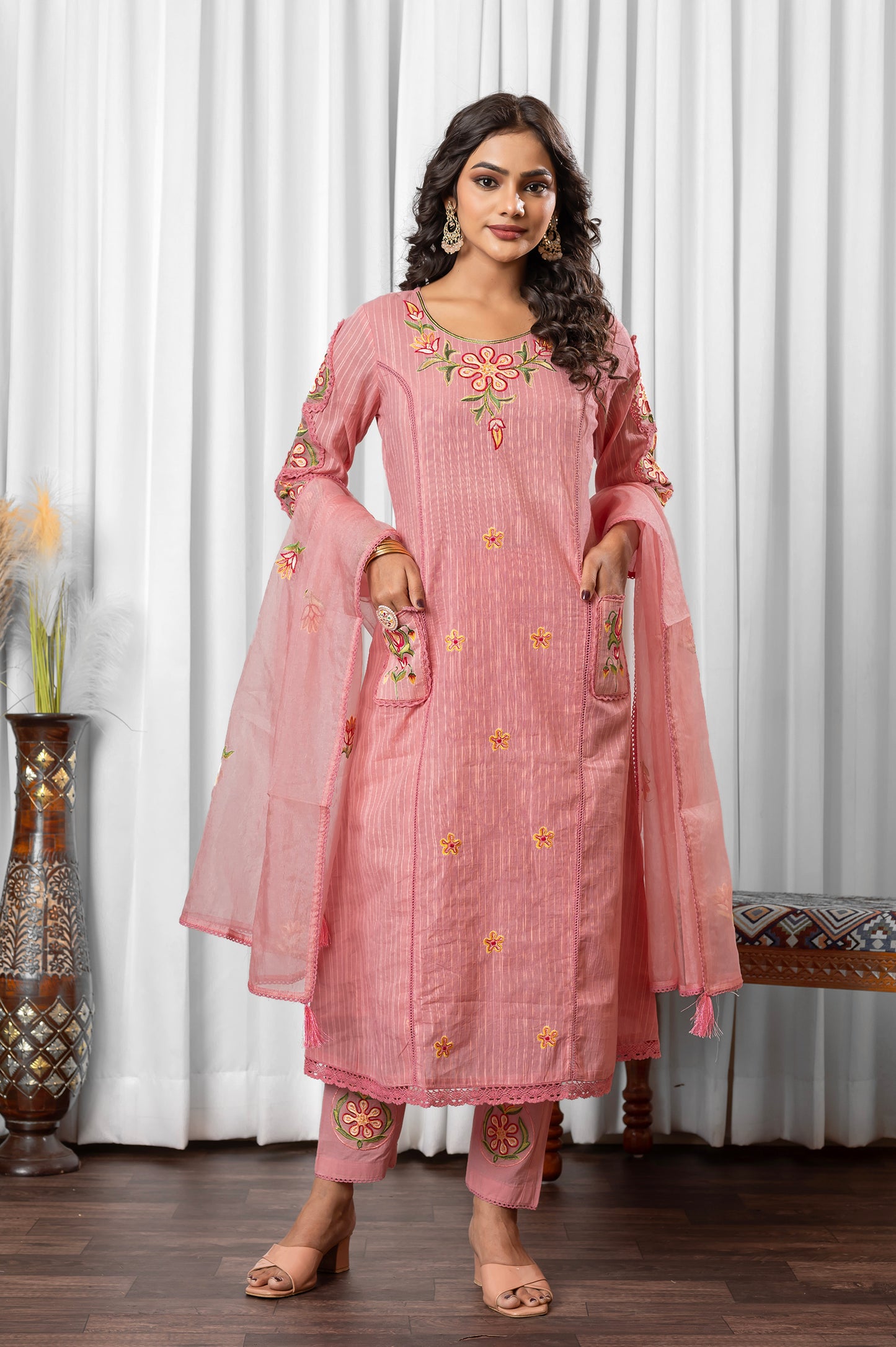 Pink Pure Cotton Embroidered Kurta Set with Dupatta For Women