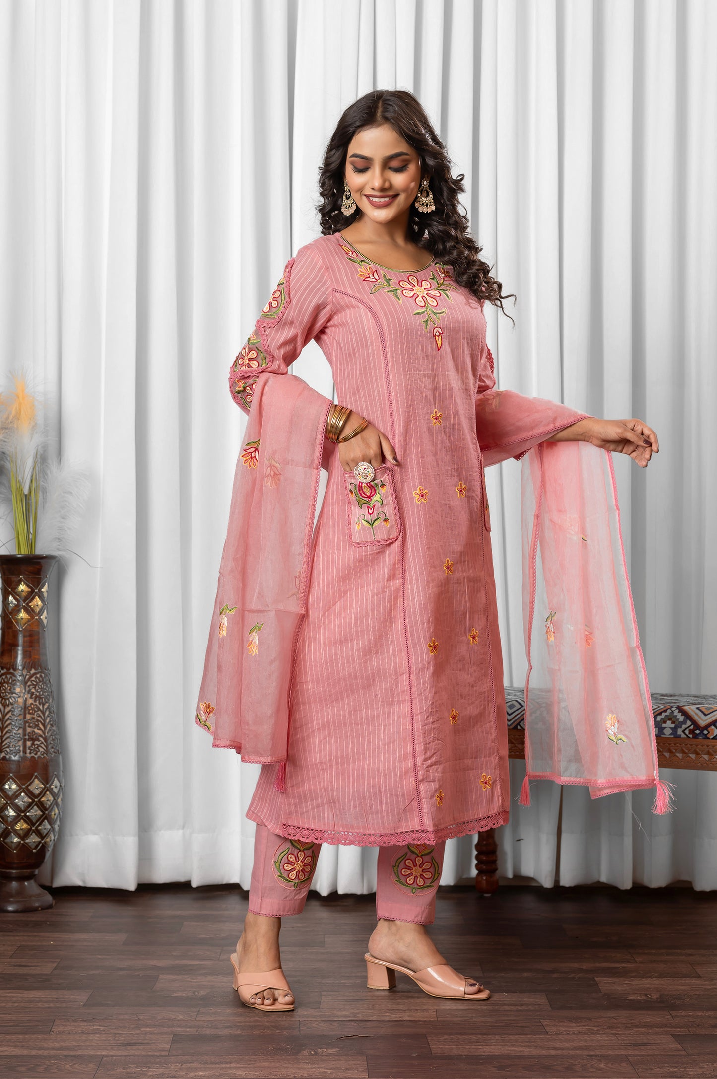 Pink Pure Cotton Embroidered Kurta Set with Dupatta For Women