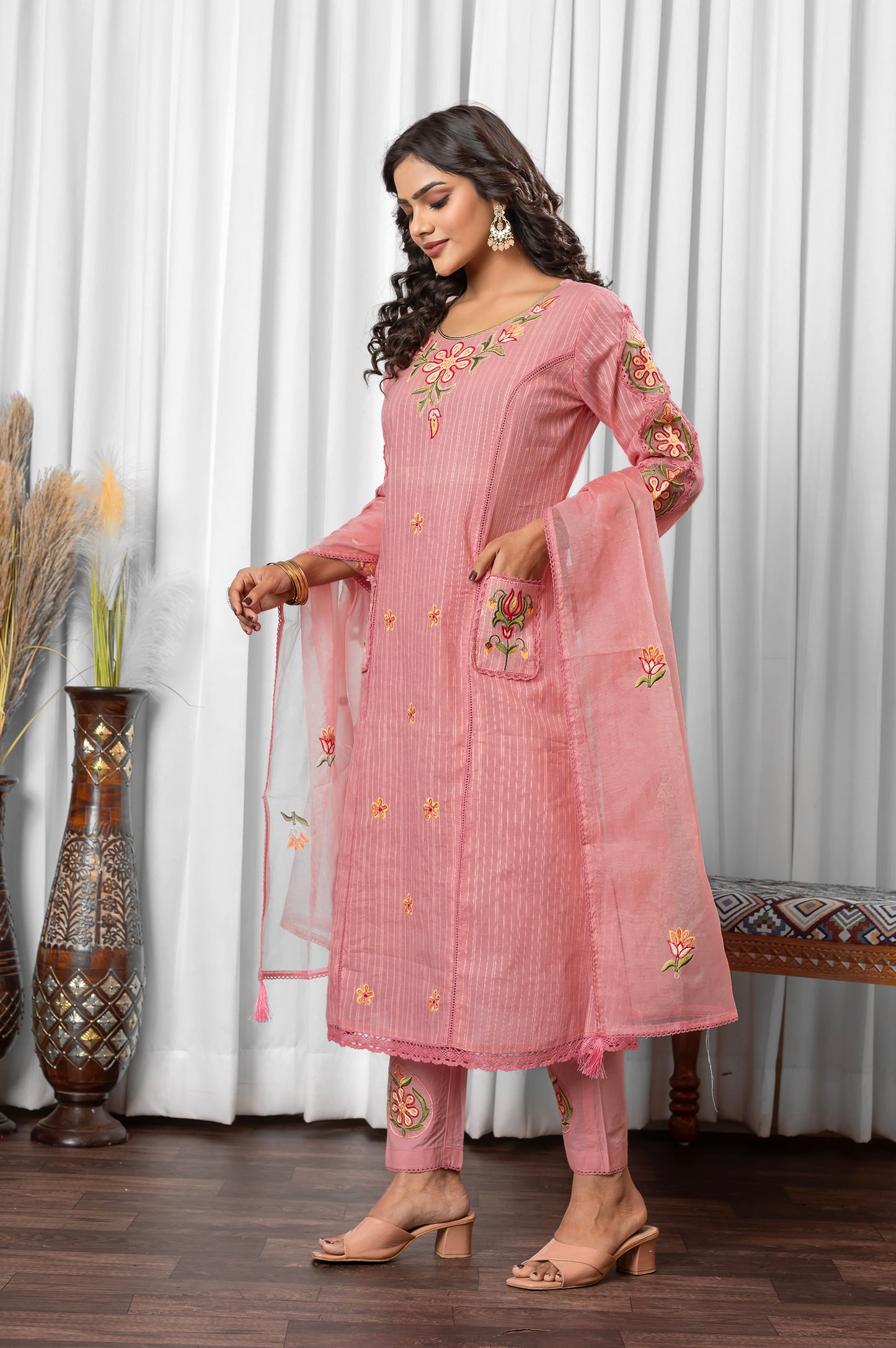 Pink Pure Cotton Embroidered Kurta Set with Dupatta For Women