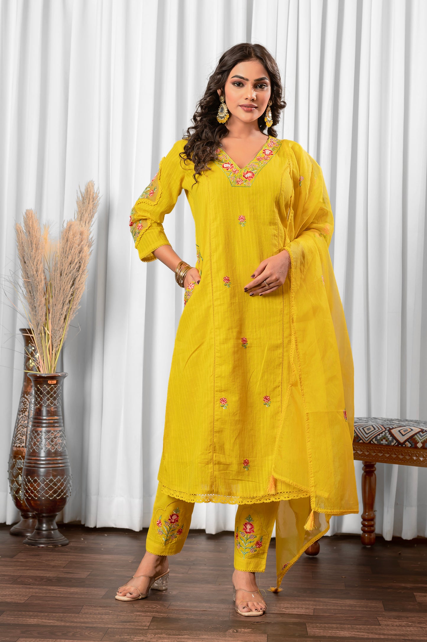Yellow Pure Cotton Embroidered Kurta Set with Dupatta For Women