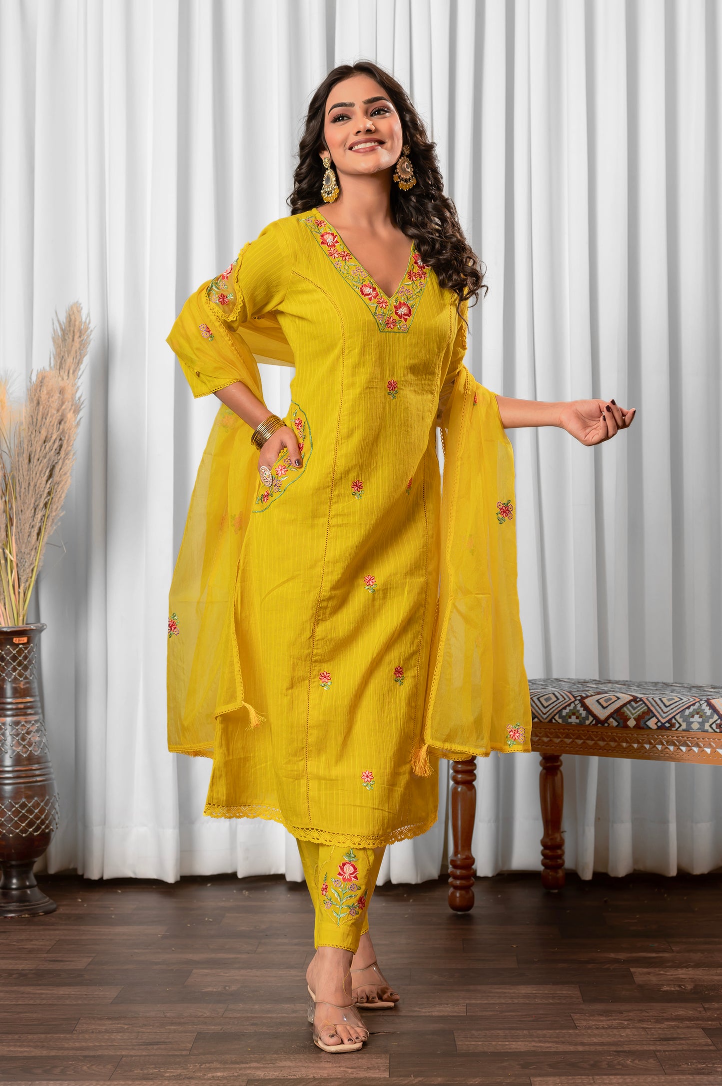 Yellow Pure Cotton Embroidered Kurta Set with Dupatta For Women