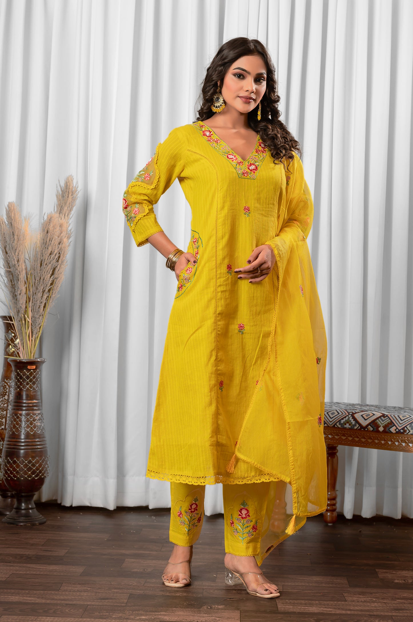 Yellow Pure Cotton Embroidered Kurta Set with Dupatta For Women