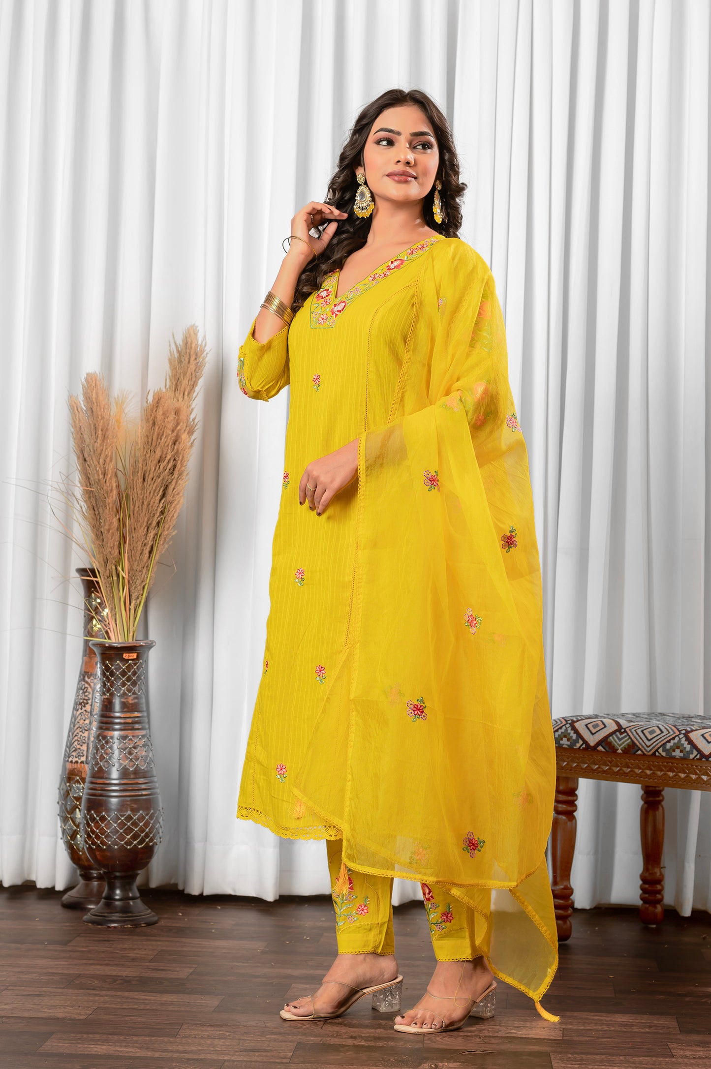 Yellow Pure Cotton Embroidered Kurta Set with Dupatta For Women