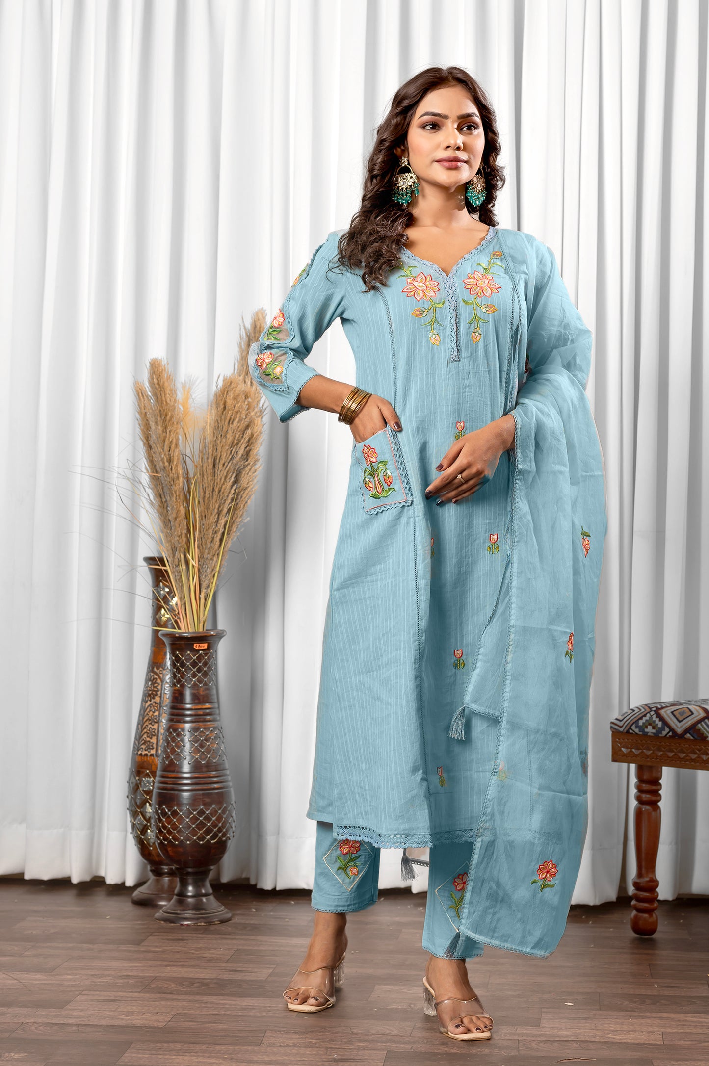 Sky Blue Pure Cotton Embroidered Kurta Set with Dupatta For Women