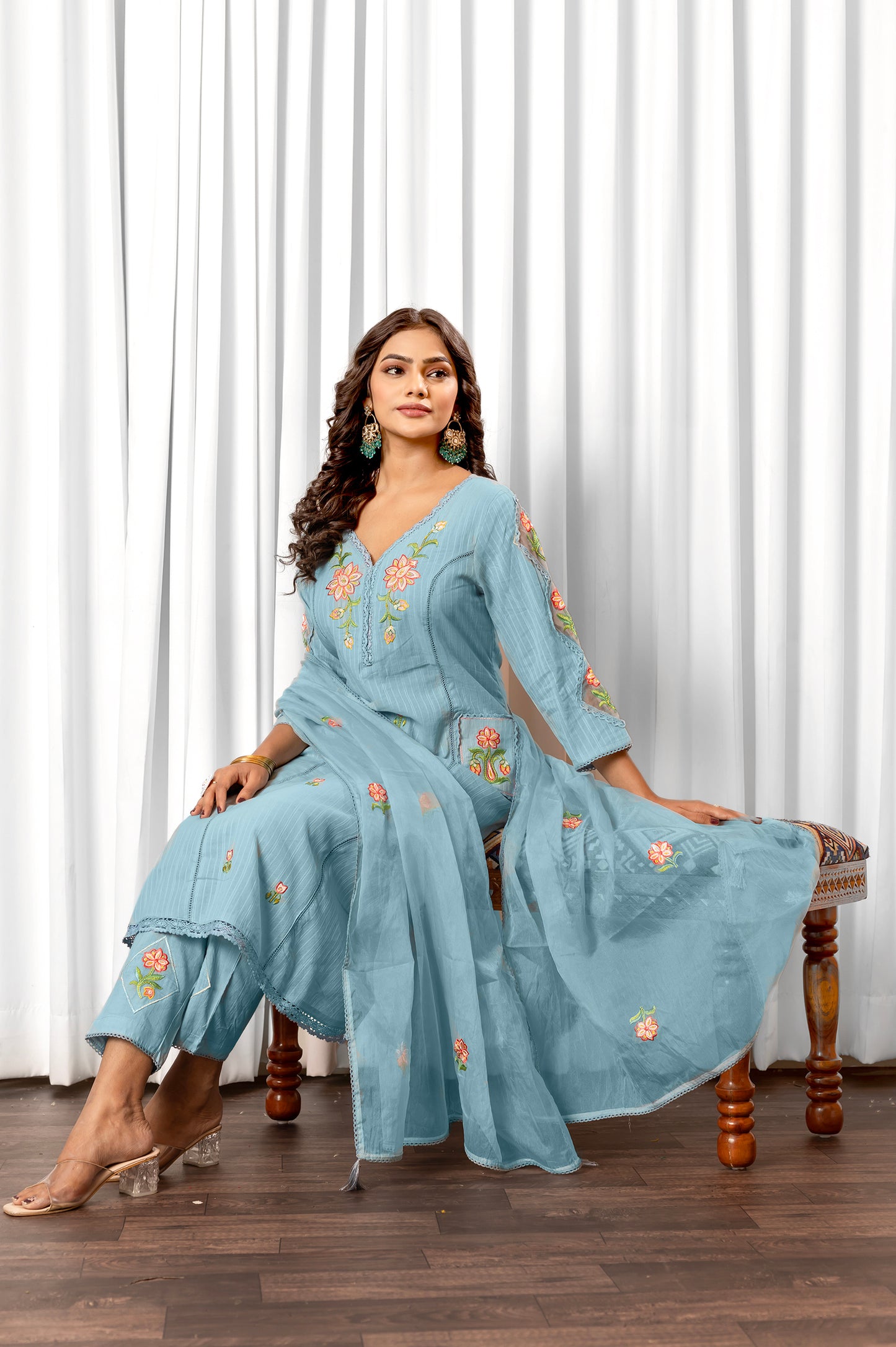 Sky Blue Pure Cotton Embroidered Kurta Set with Dupatta For Women
