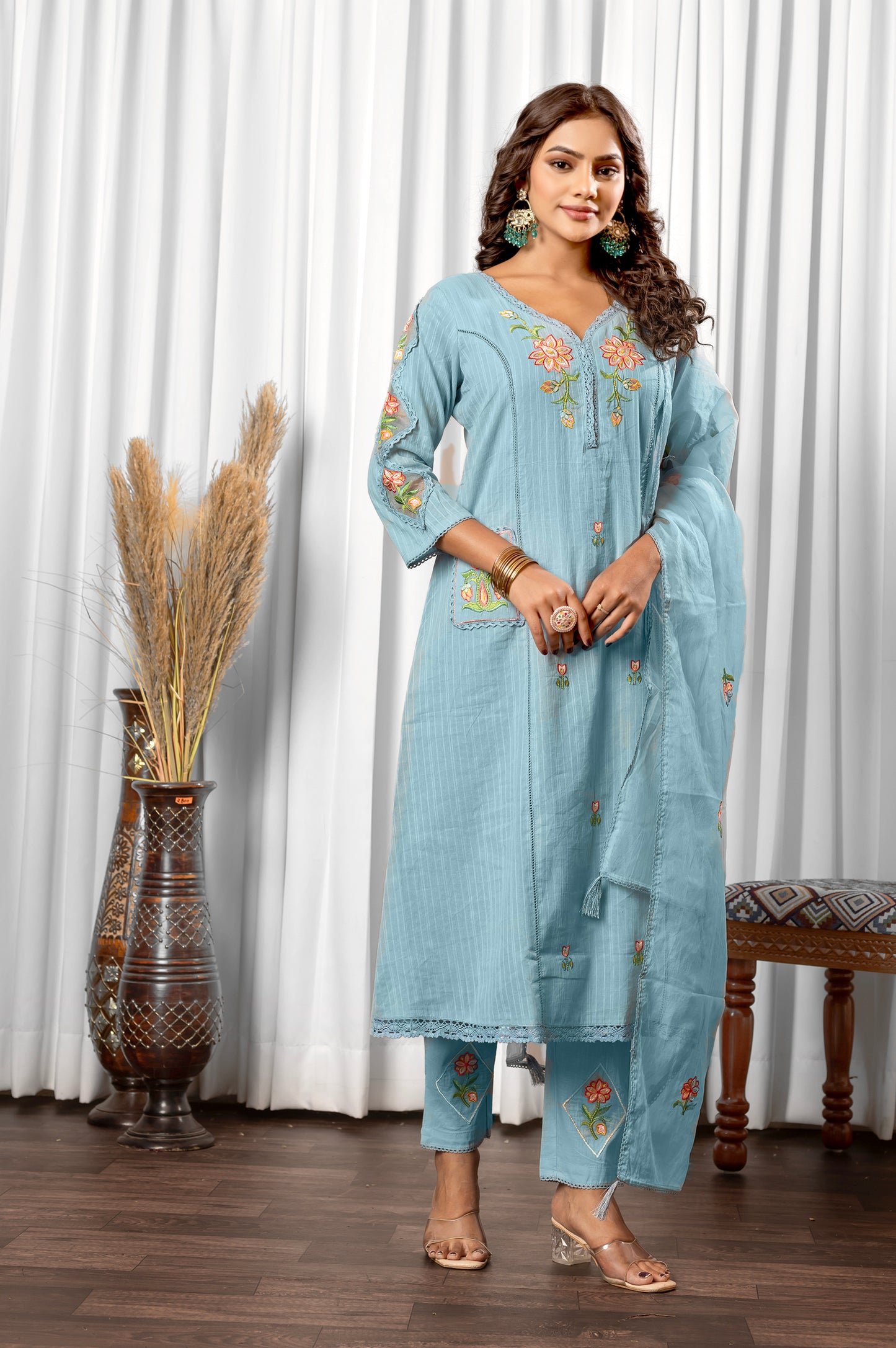 Sky Blue Pure Cotton Embroidered Kurta Set with Dupatta For Women