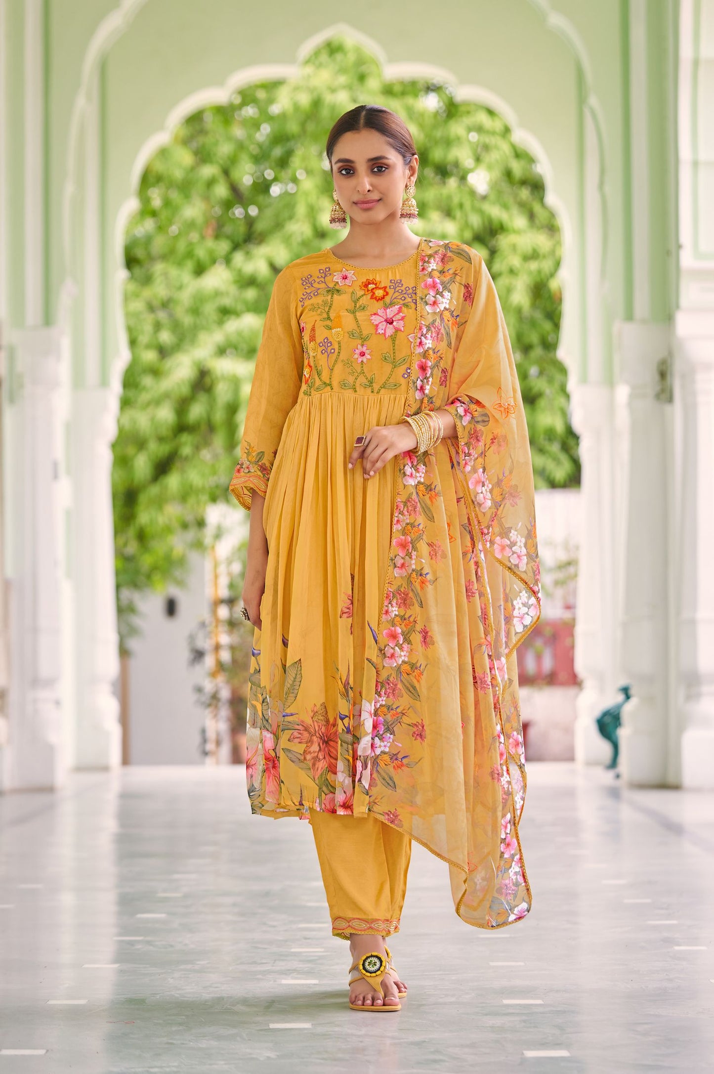Orange Poly Organza Embroidered With Handwork Kurta Set with Dupatta