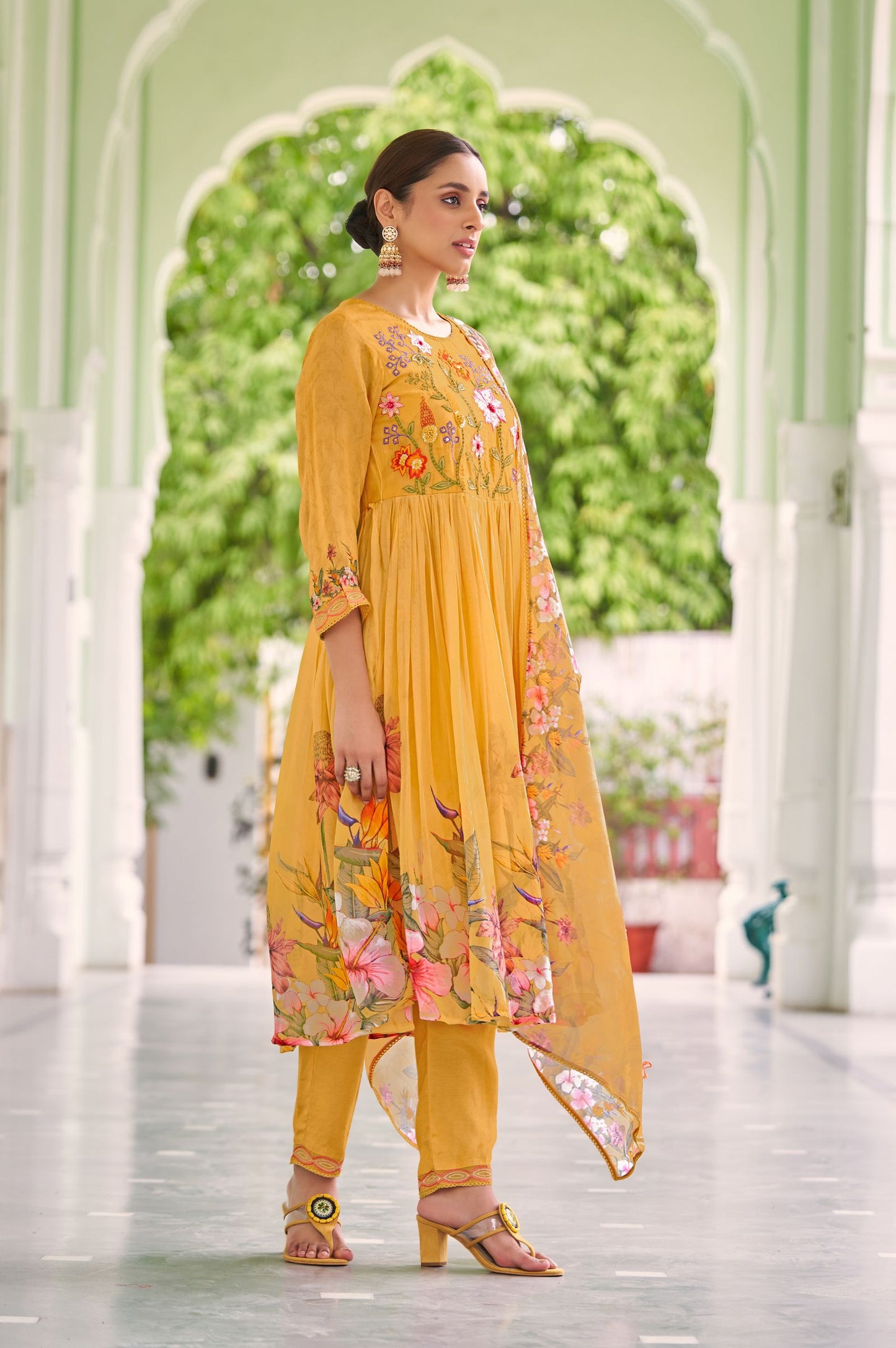 Orange Poly Organza Embroidered With Handwork Kurta Set with Dupatta