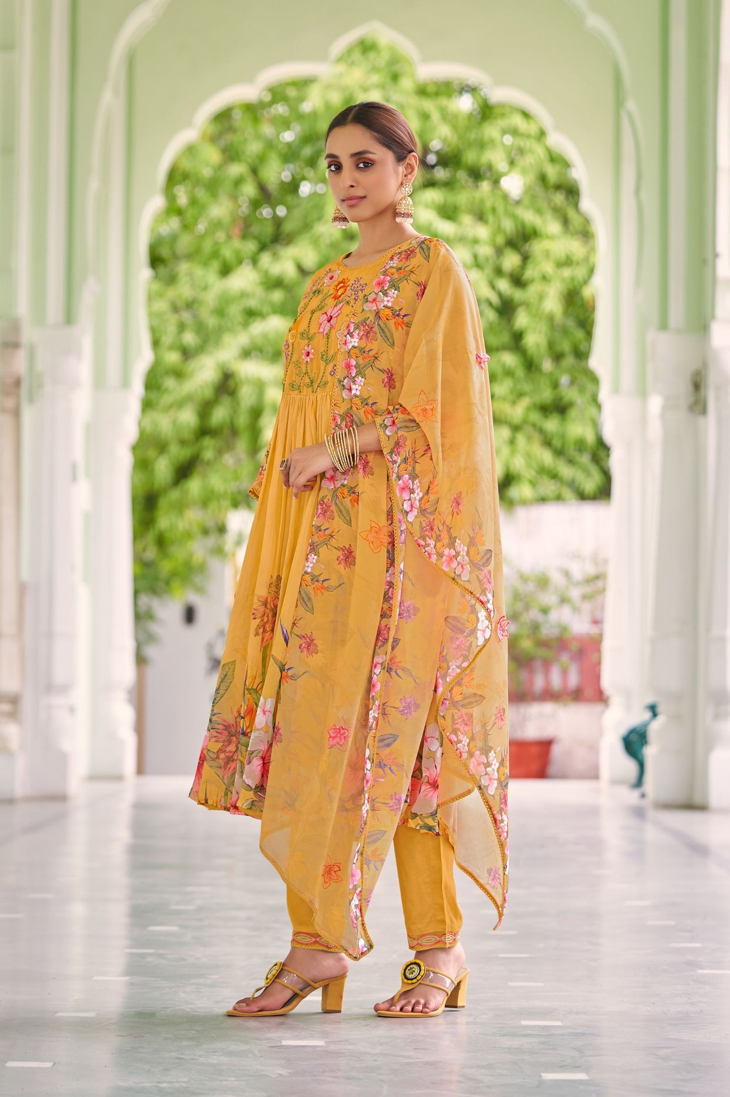 Orange Poly Organza Embroidered With Handwork Kurta Set with Dupatta