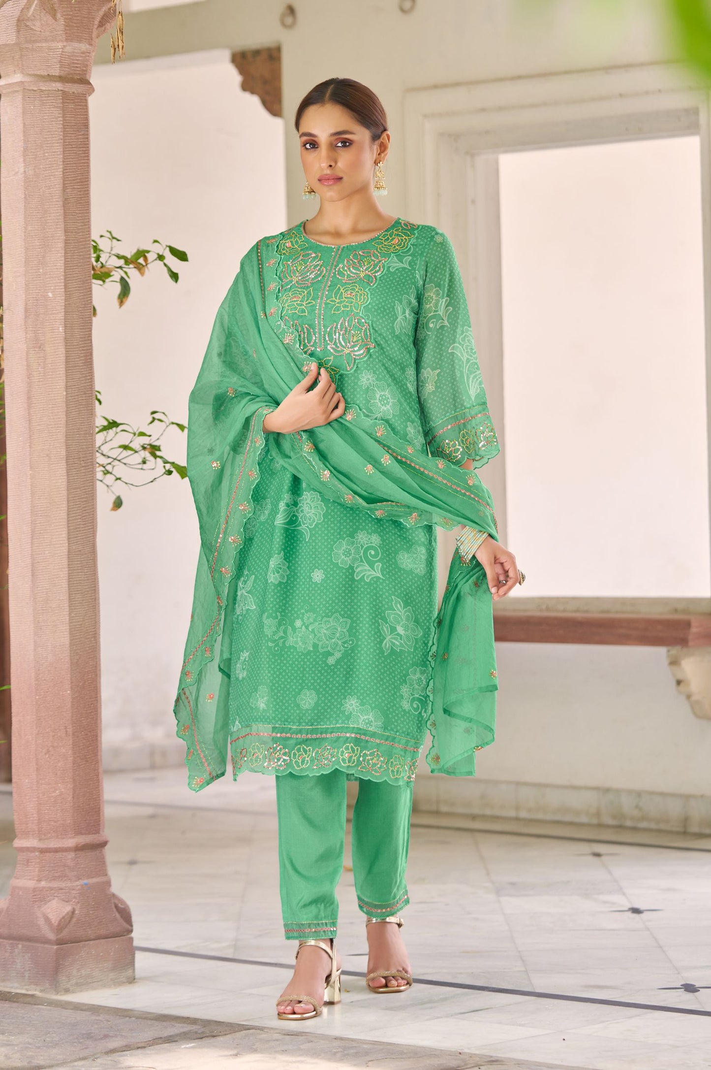 Green Pure Tabby Digital Printed With Embroidered Kurta Set with Dupatta