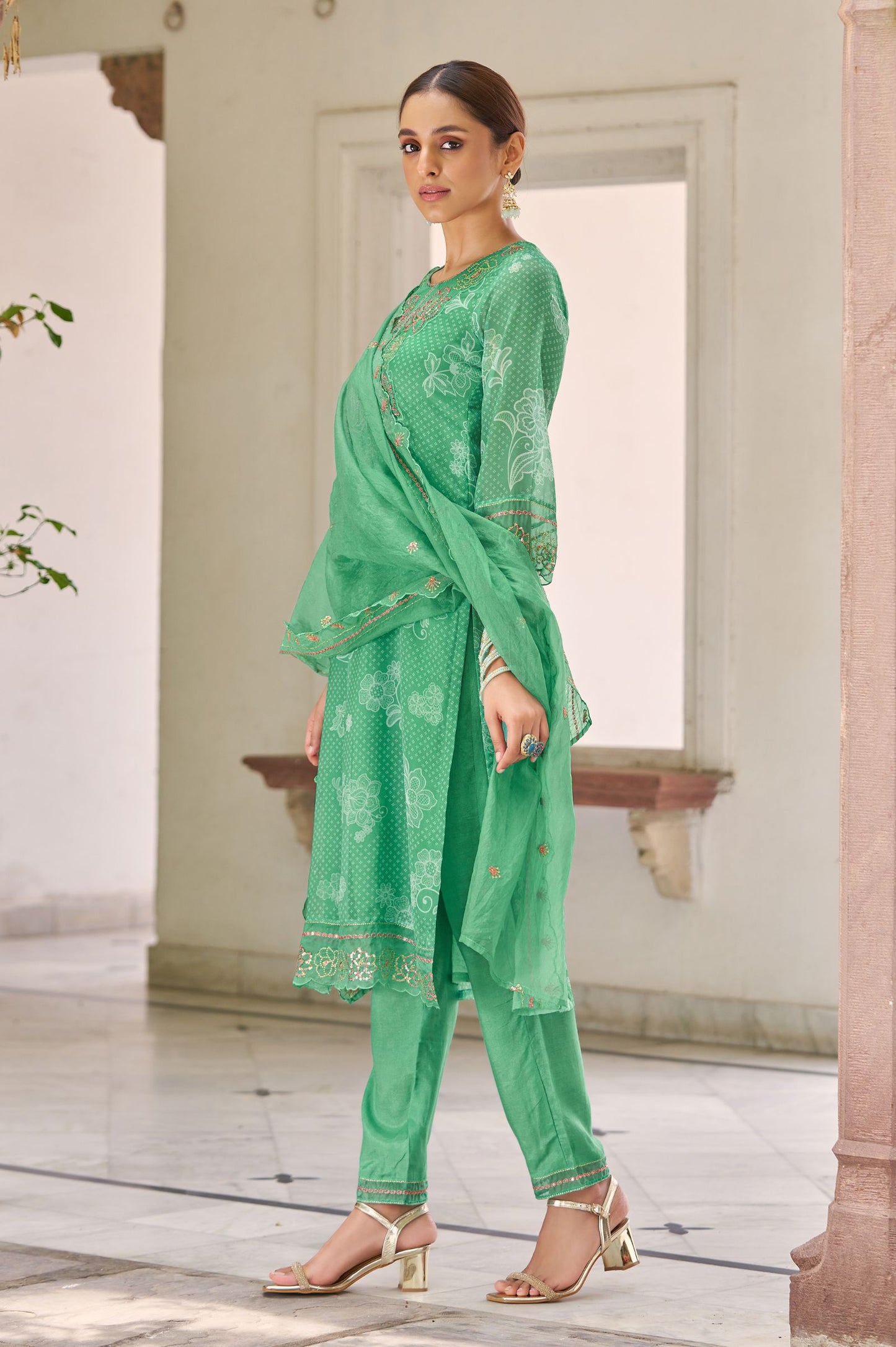 Green Pure Tabby Digital Printed With Embroidered Kurta Set with Dupatta