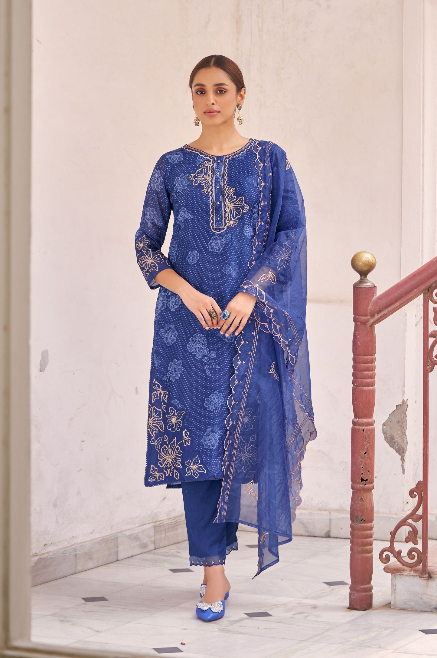 Blue Pure Tabby Digital Printed With Embroidered Kurta Set with Dupatta