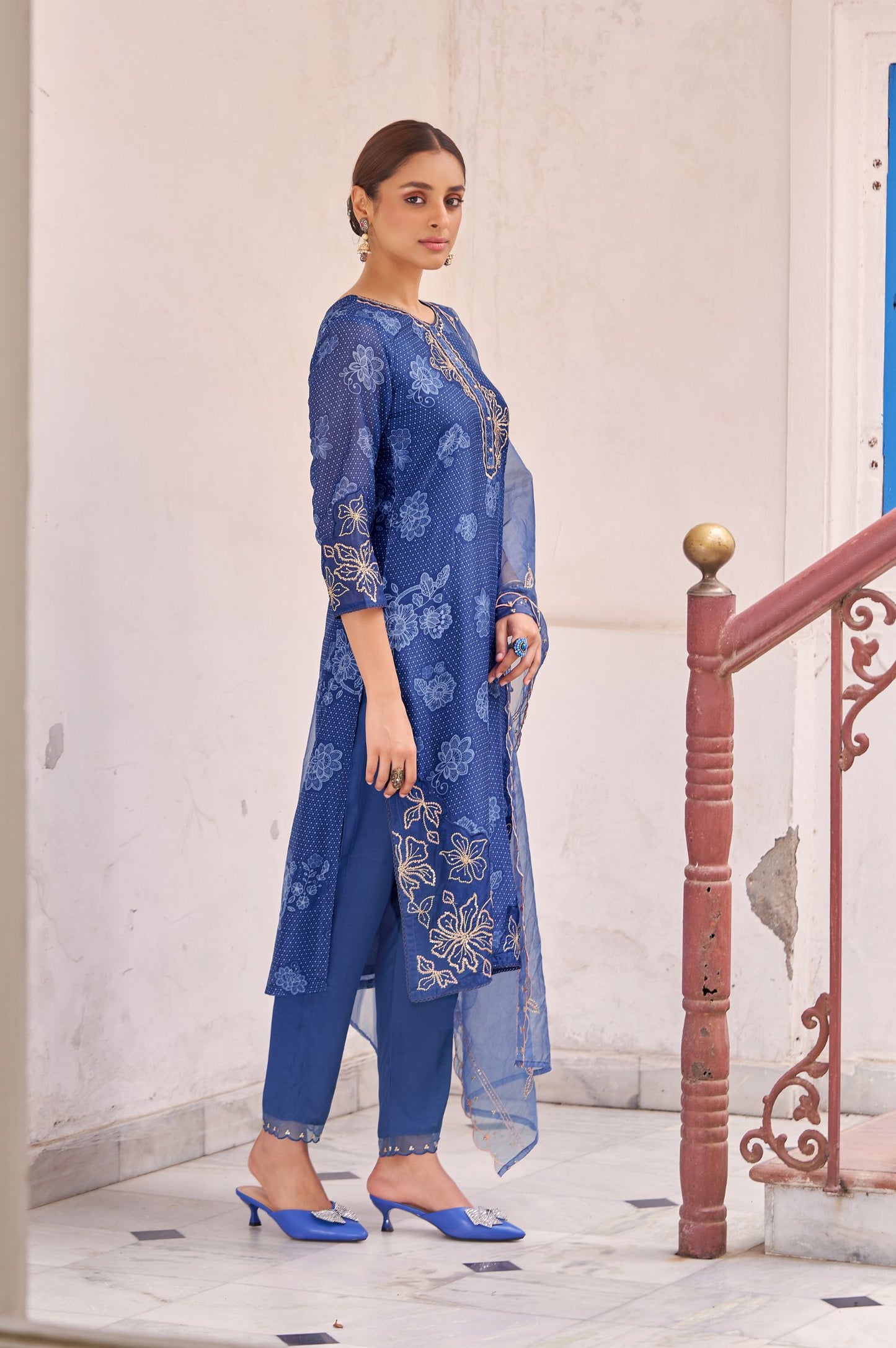 Blue Pure Tabby Digital Printed With Embroidered Kurta Set with Dupatta