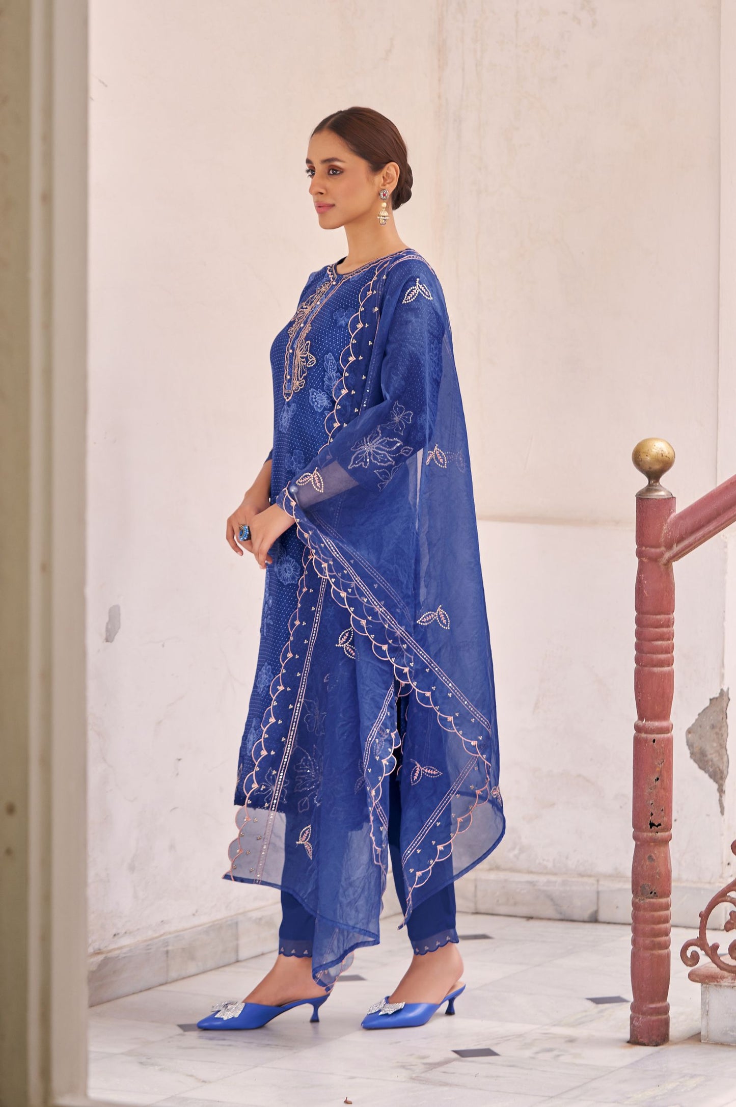 Blue Pure Tabby Digital Printed With Embroidered Kurta Set with Dupatta