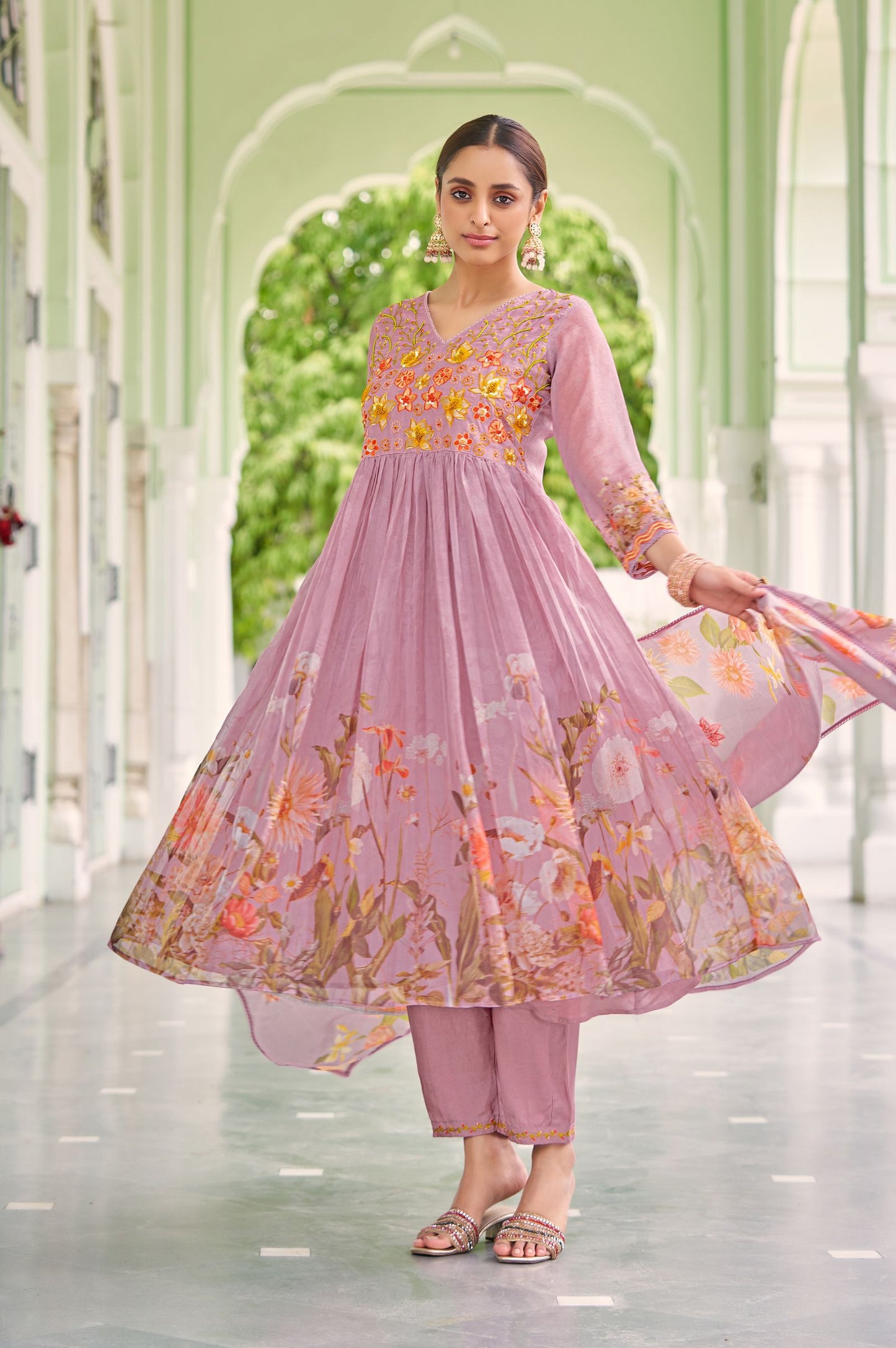 Purple Poly Organza Embroidered With Handwork Kurta Set with Dupatta