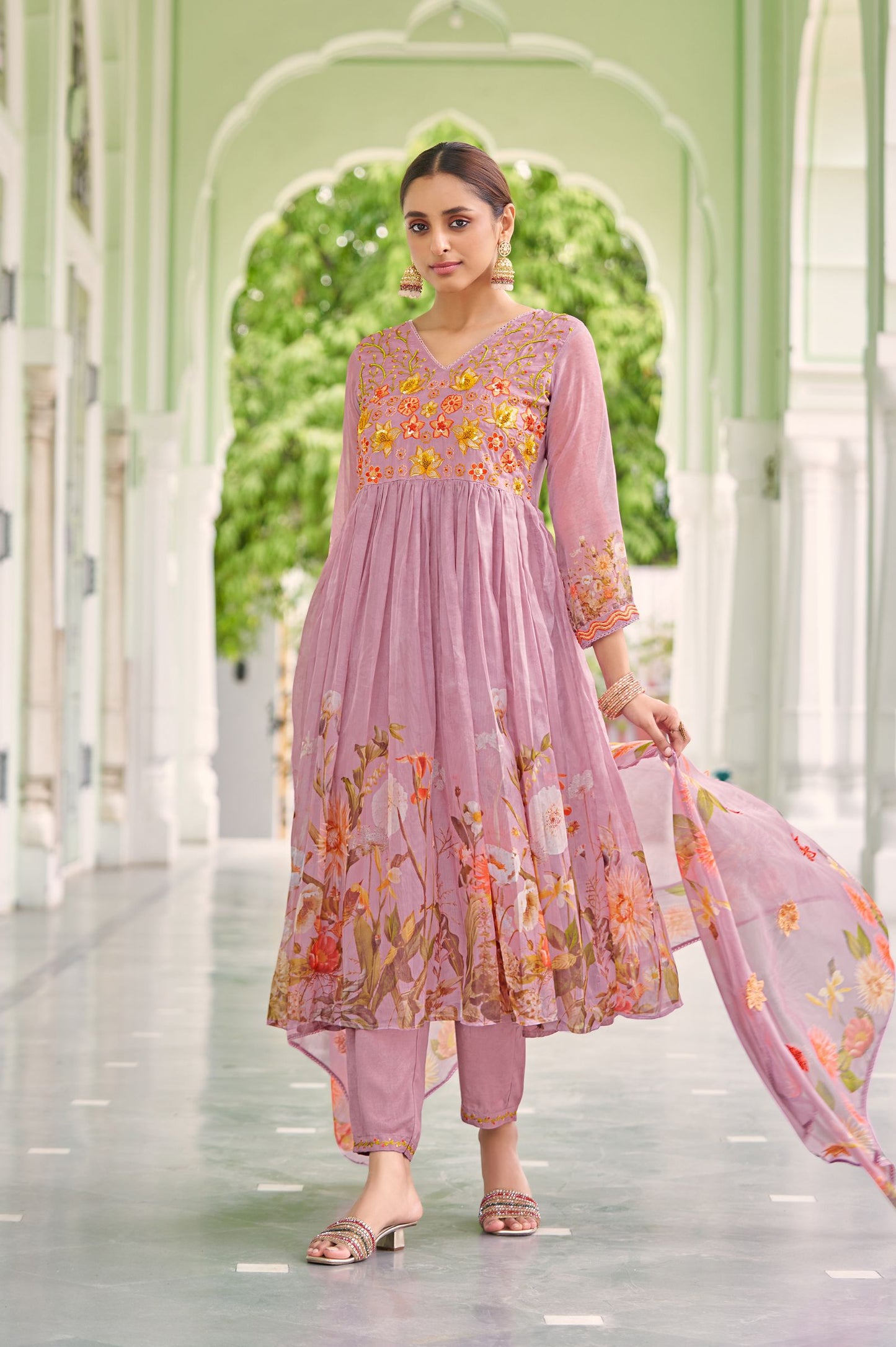 Purple Poly Organza Embroidered With Handwork Kurta Set with Dupatta