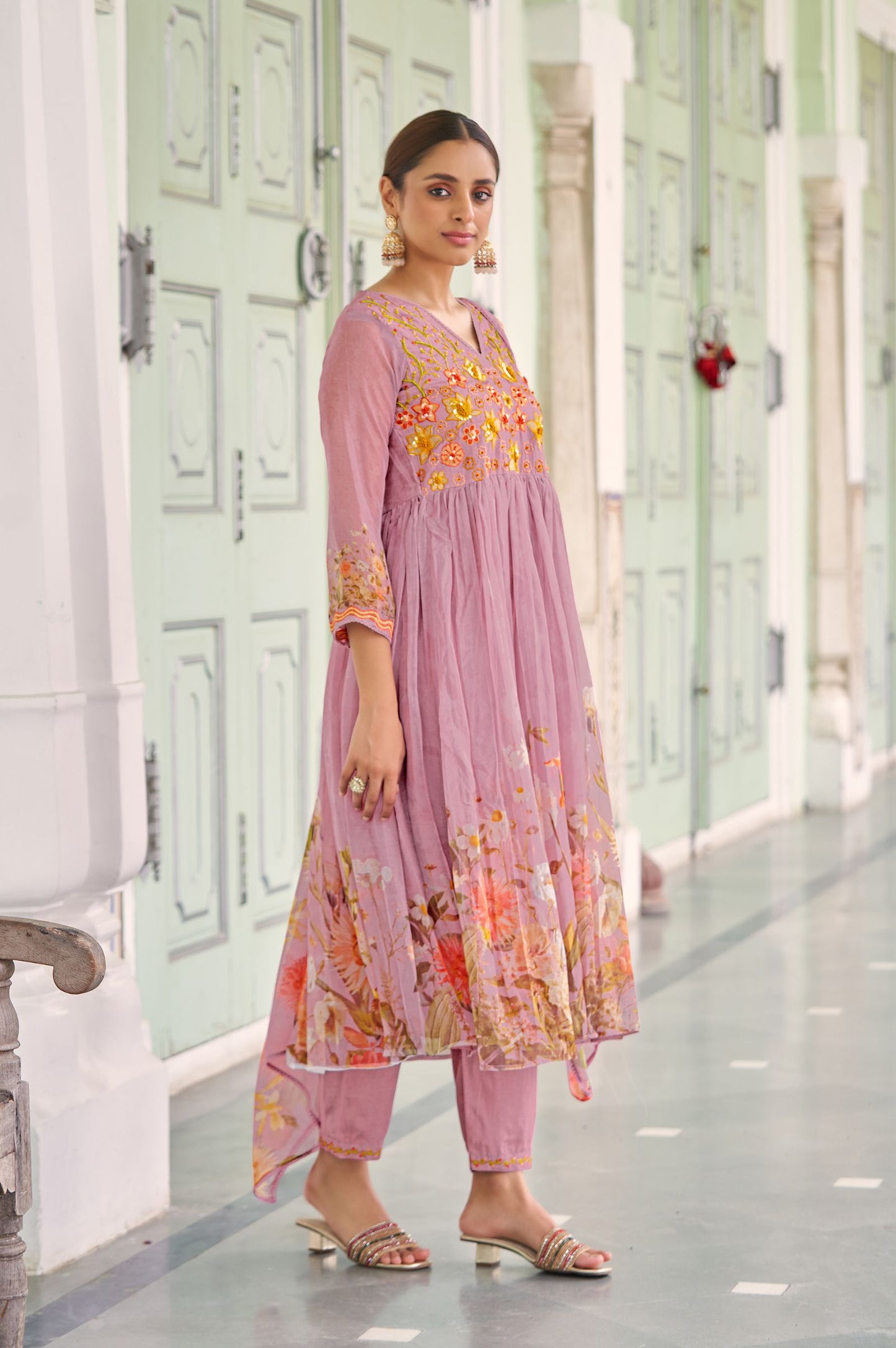Purple Poly Organza Embroidered With Handwork Kurta Set with Dupatta