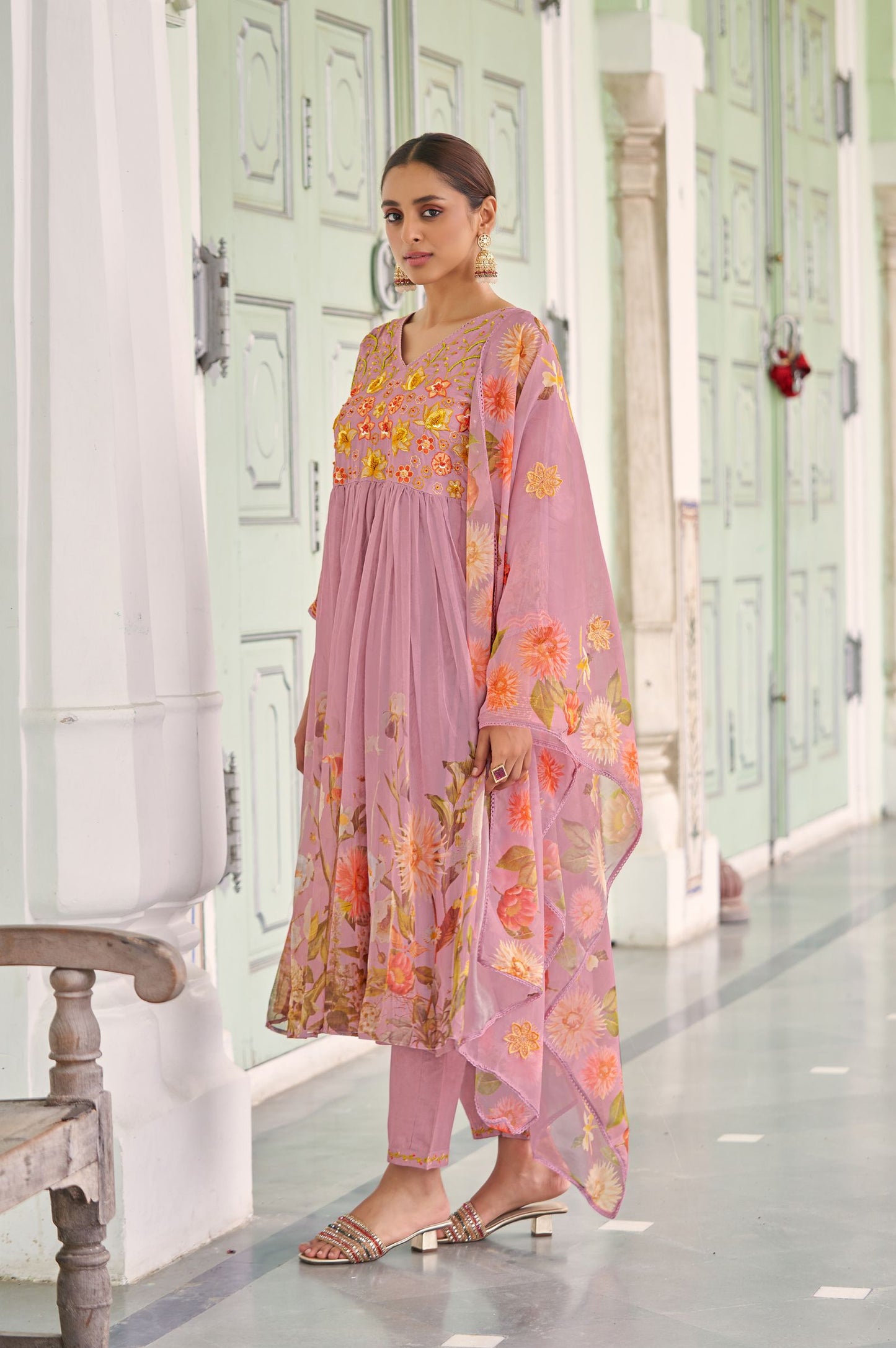 Purple Poly Organza Embroidered With Handwork Kurta Set with Dupatta