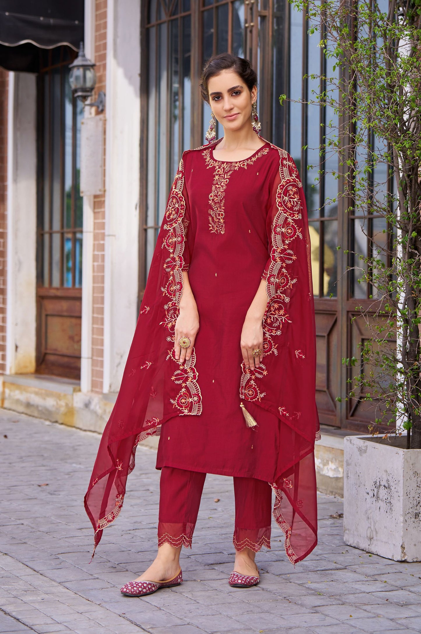 Red Roman Silk Embroidered Kurta Set with Dupatta