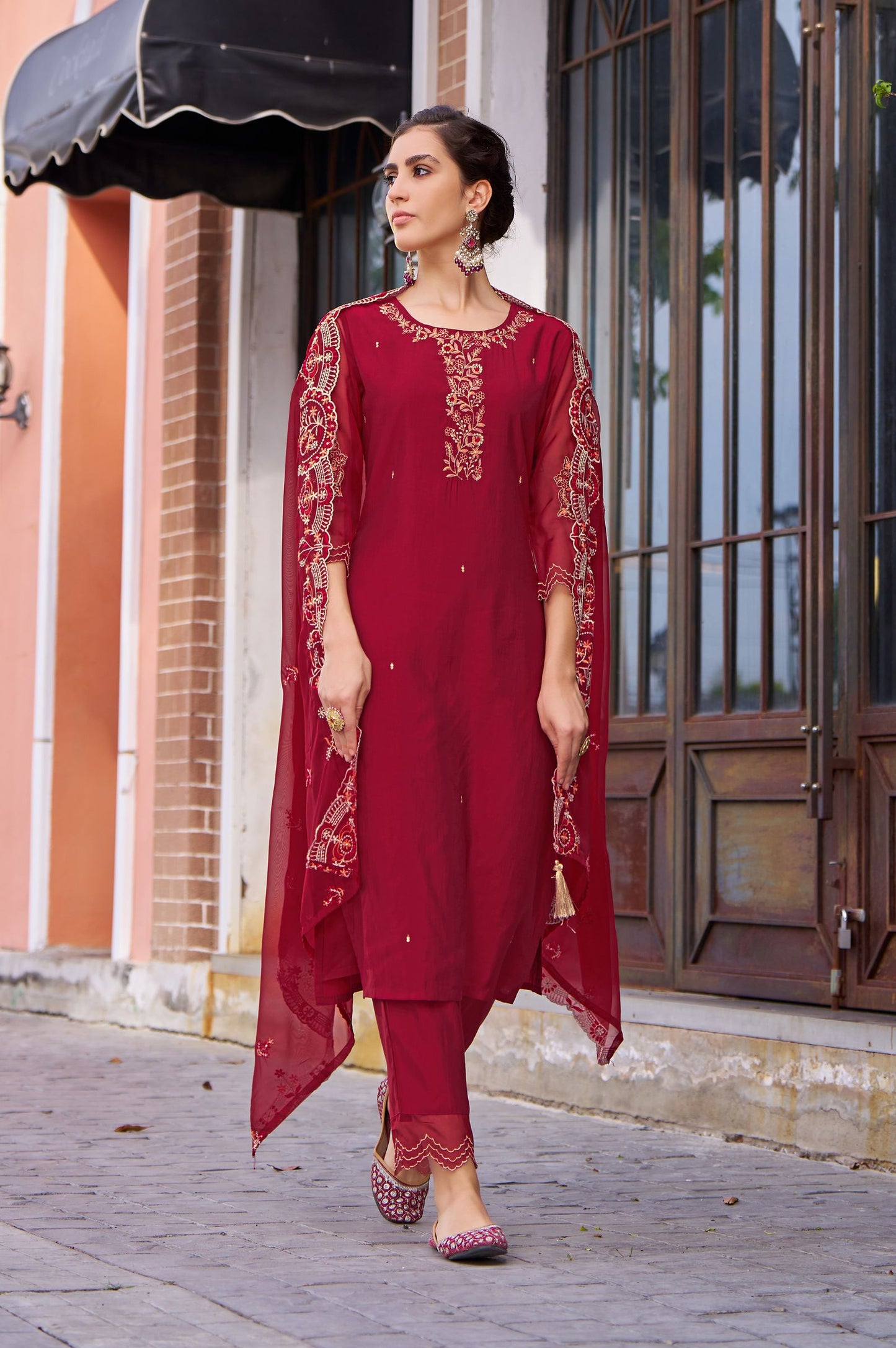 Red Roman Silk Embroidered Kurta Set with Dupatta