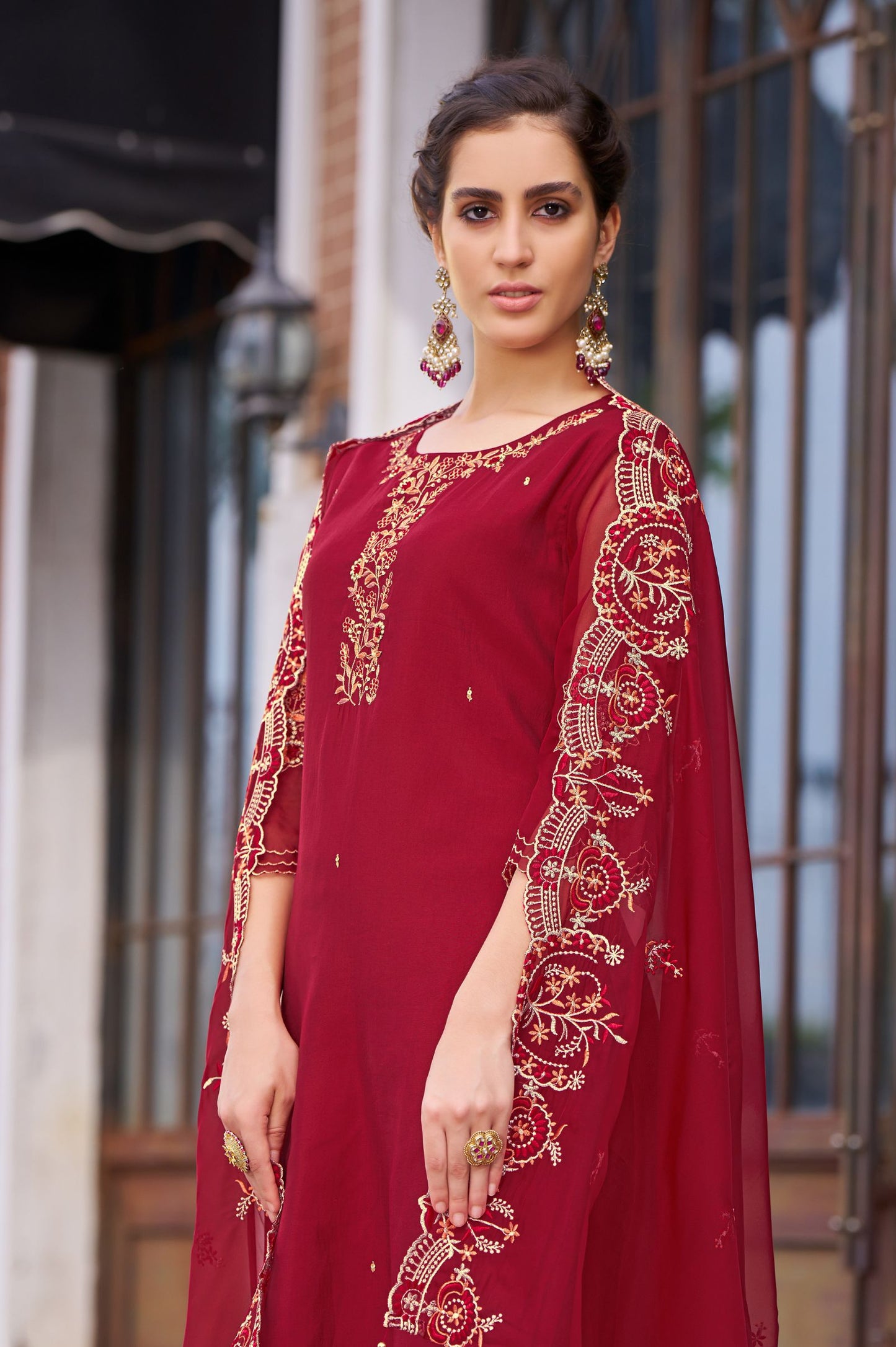 Red Roman Silk Embroidered Kurta Set with Dupatta