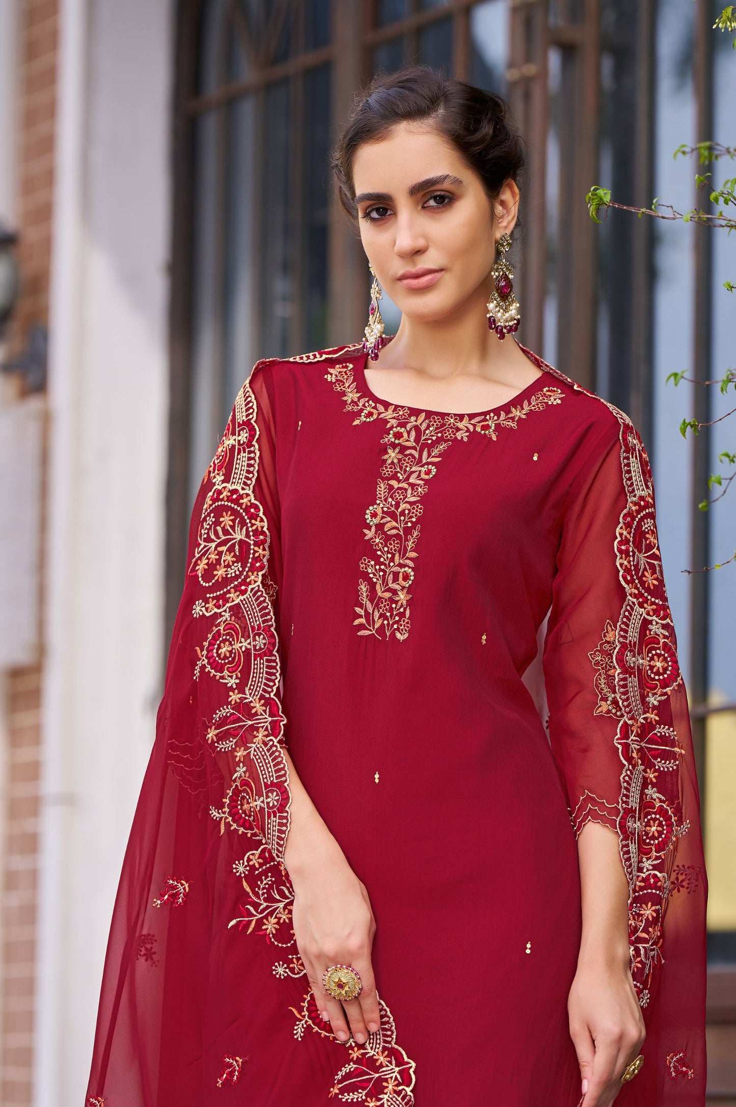 Red Roman Silk Embroidered Kurta Set with Dupatta