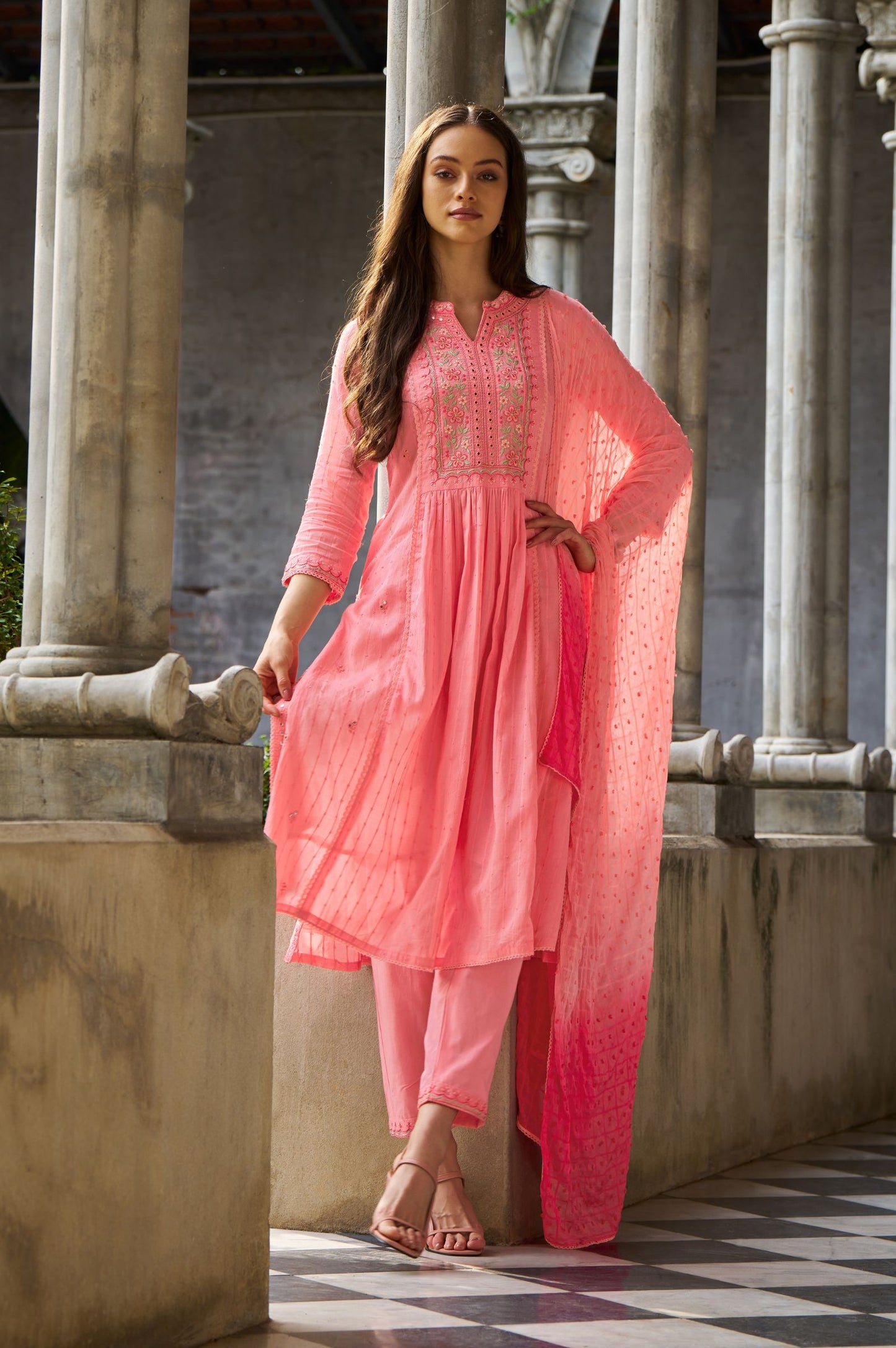 Light Pink Pure Cotton Embroidered Kurta Set with Dupatta