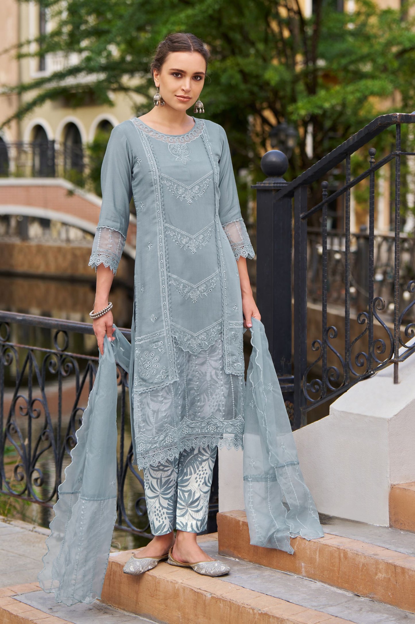Grey Romam Silk Embroidered Kurta Set with Dupatta