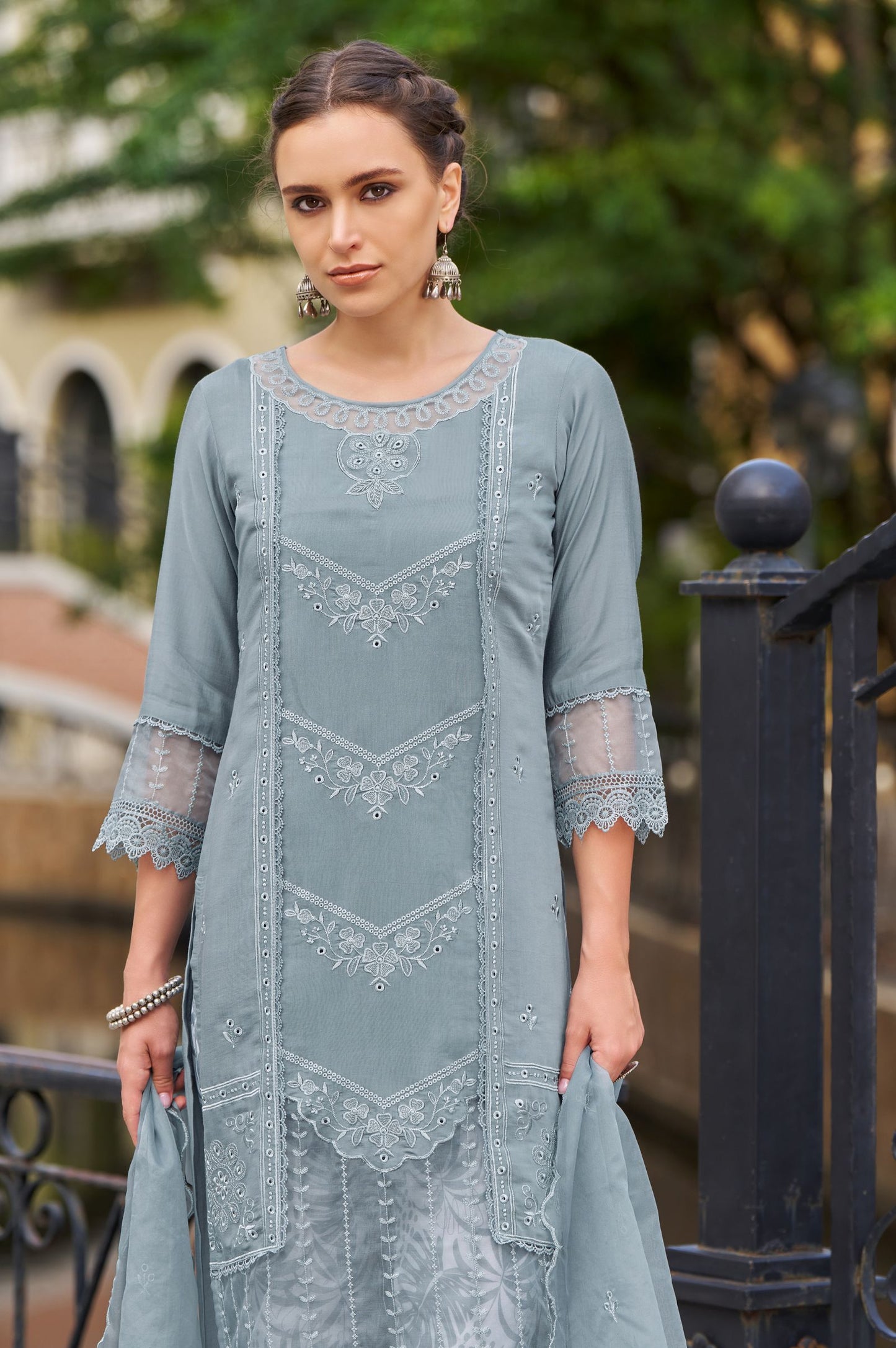 Grey Romam Silk Embroidered Kurta Set with Dupatta