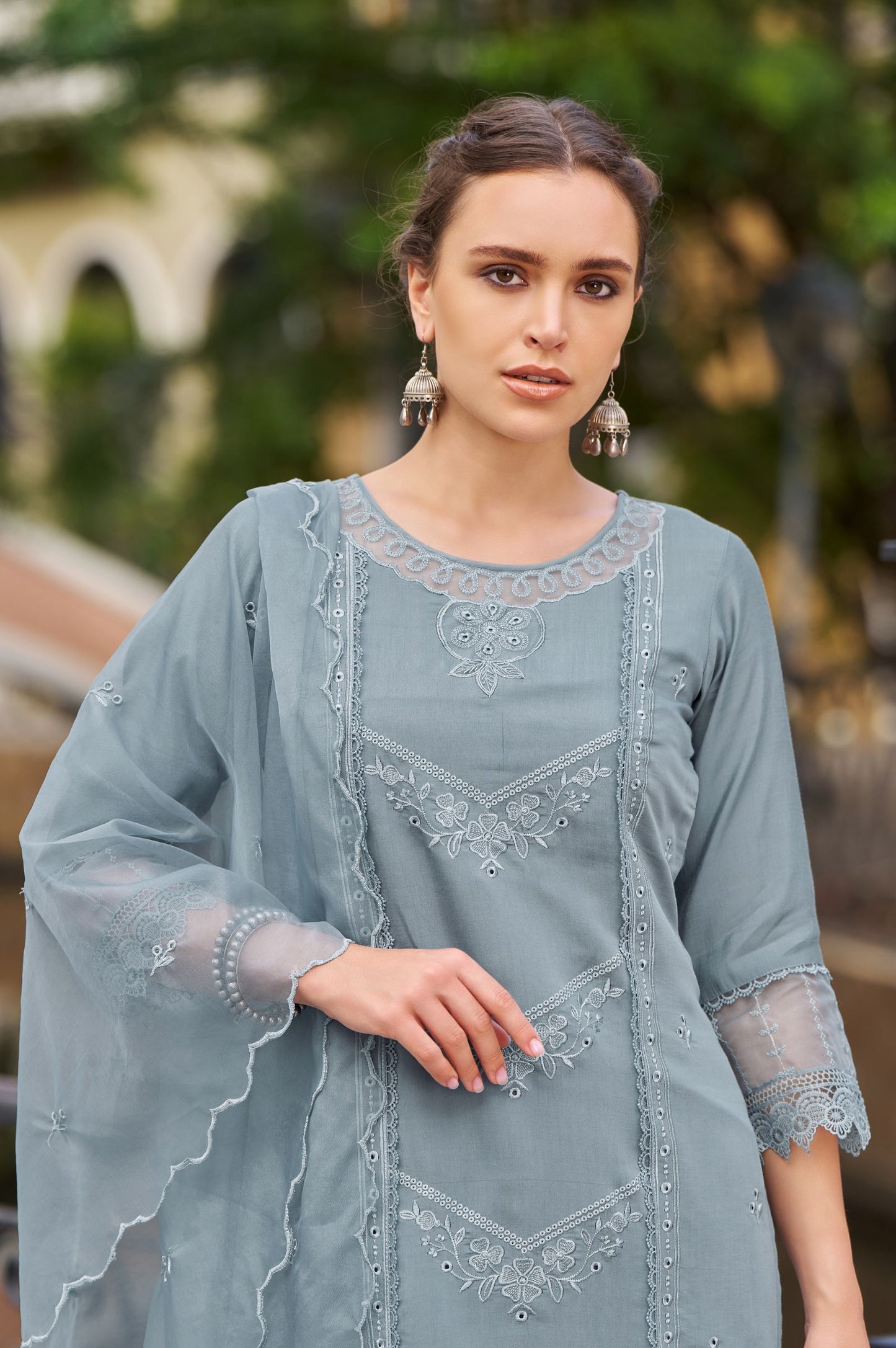Grey Romam Silk Embroidered Kurta Set with Dupatta